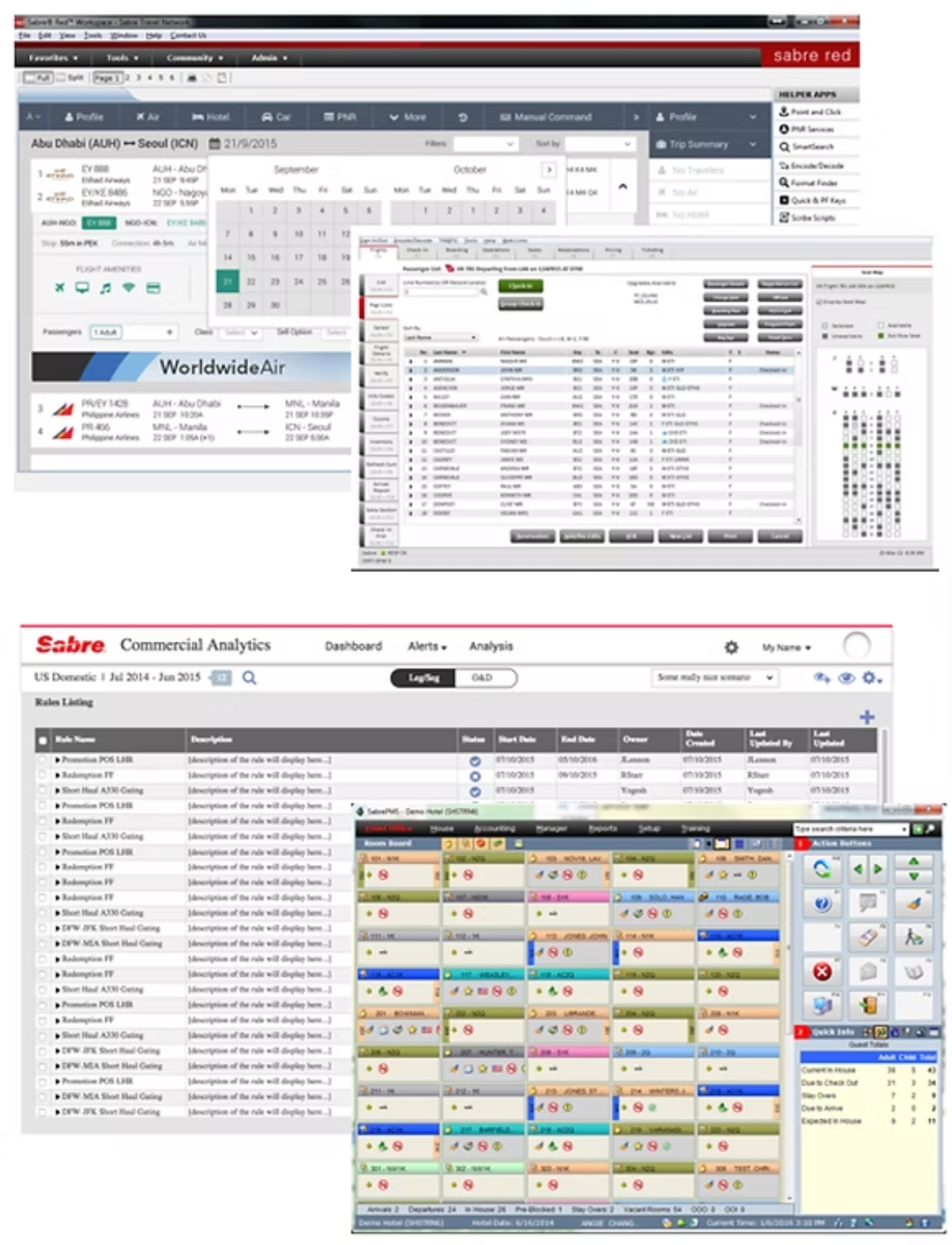 Composite image showing four legacy Sabre product interfaces from before 2015, layered and arranged side by side to demonstrate inconsistent visual styles, varied UI patterns, and lack of a shared design system.