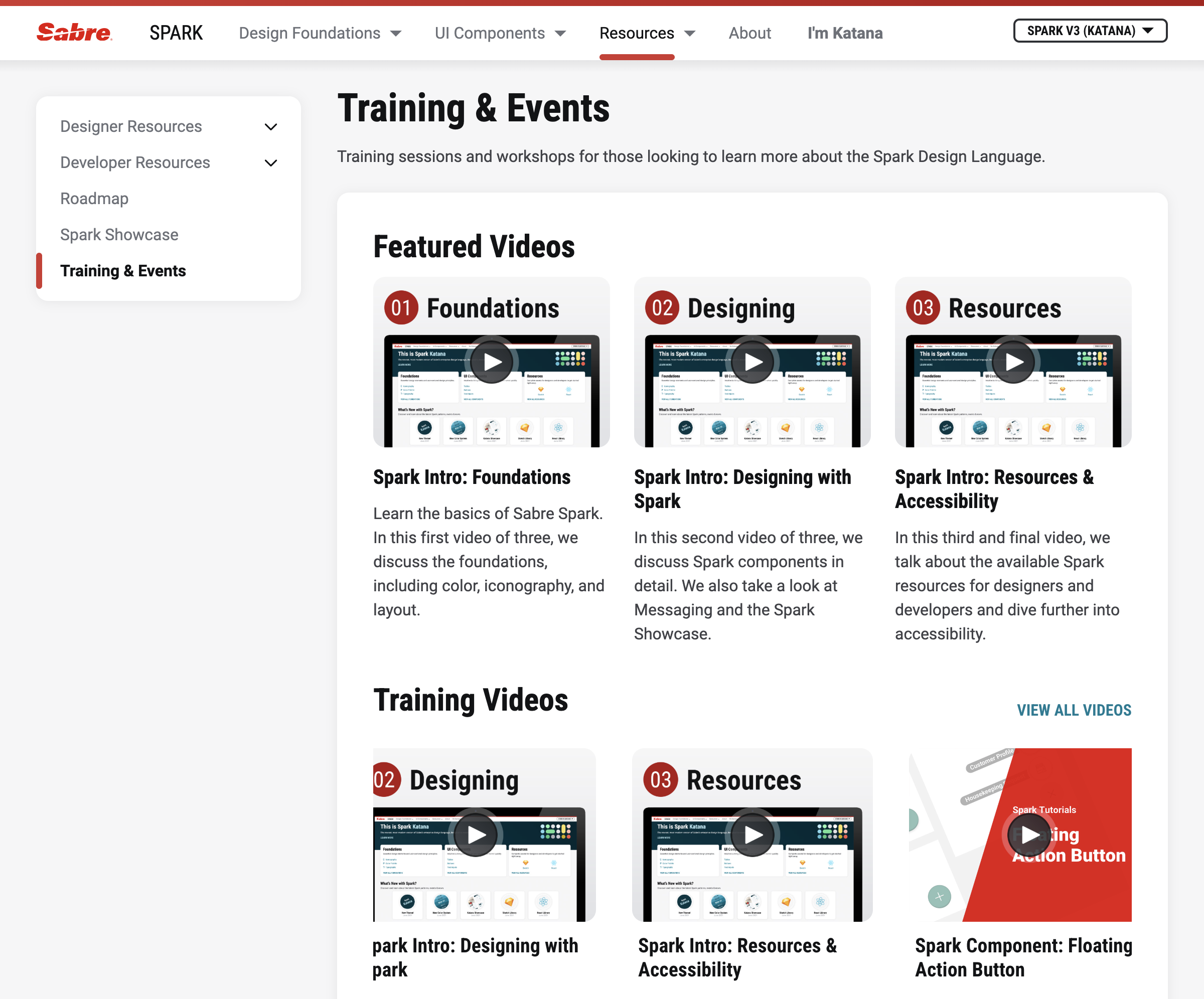 Training & Events page showing three featured Introduction to Spark videos displayed at the top, with additional component-level training videos listed below in a grid layout.