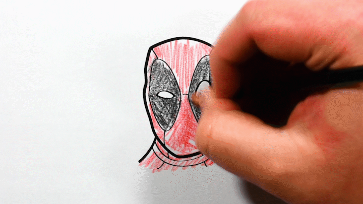 Animated snippet from the RTIFEX video “EASIEST Way to Blend CHEAP Colored Pencils for PRO Results,” showing a rough, quickly colored drawing of Deadpool’s head transitioning into a smoothly blended, polished version.