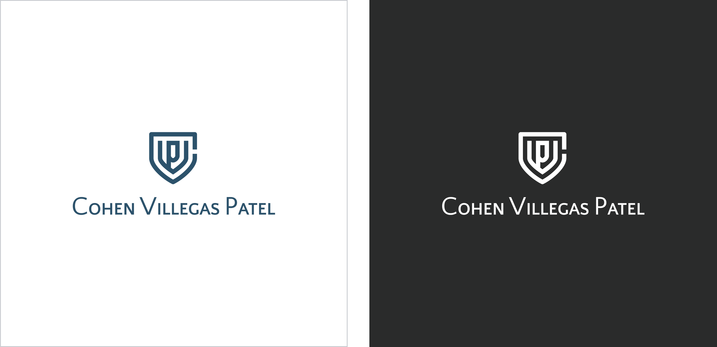 Side-by-side logo variations for Cohen Villegas Patel Law Firm, showing a dark blue logo on a white background on the left and a white version on a dark gray background on the right.