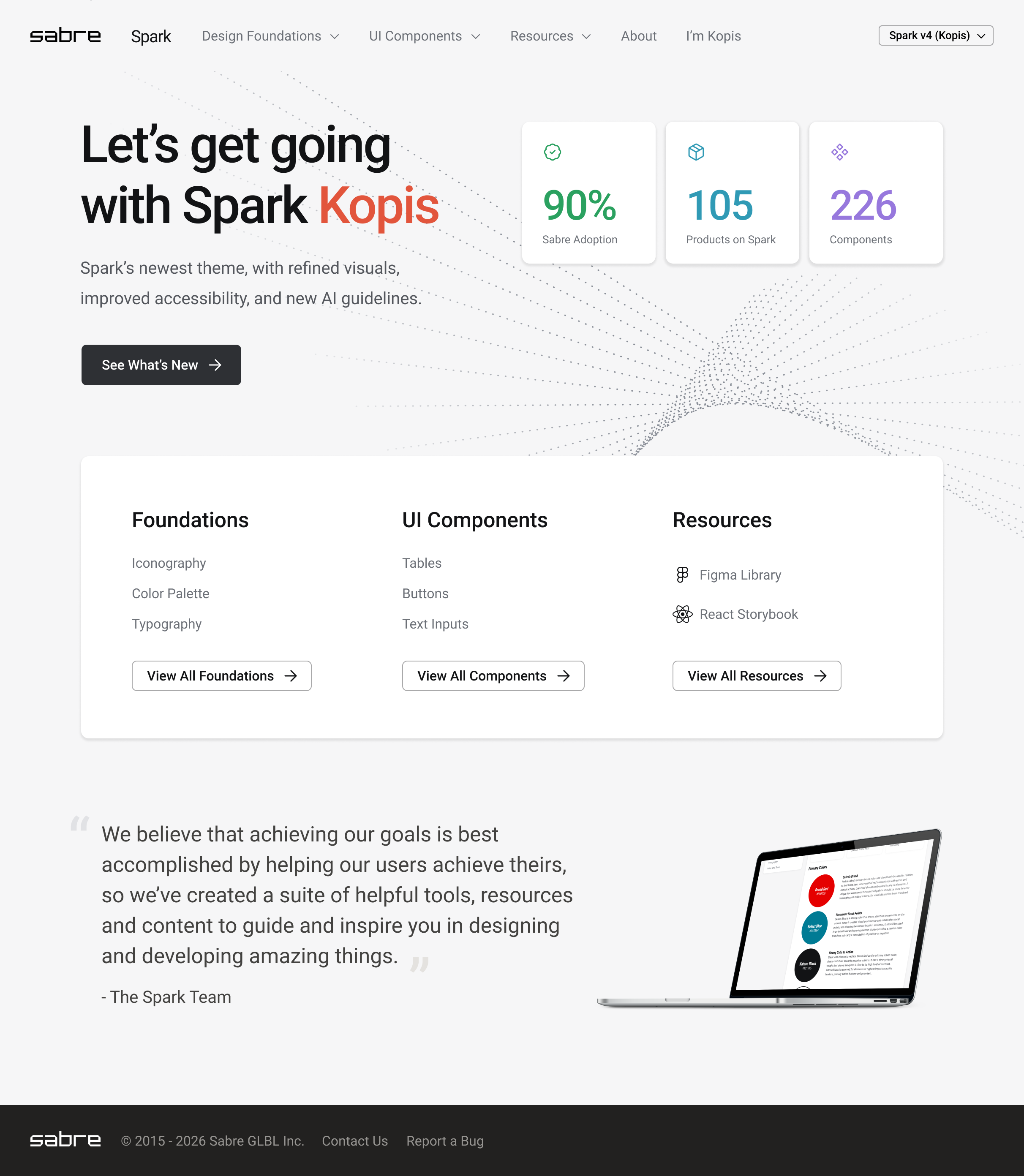 Spark design system documentation homepage showing the latest visual theme with quick links to the most visited documentation pages based on usage analytics.