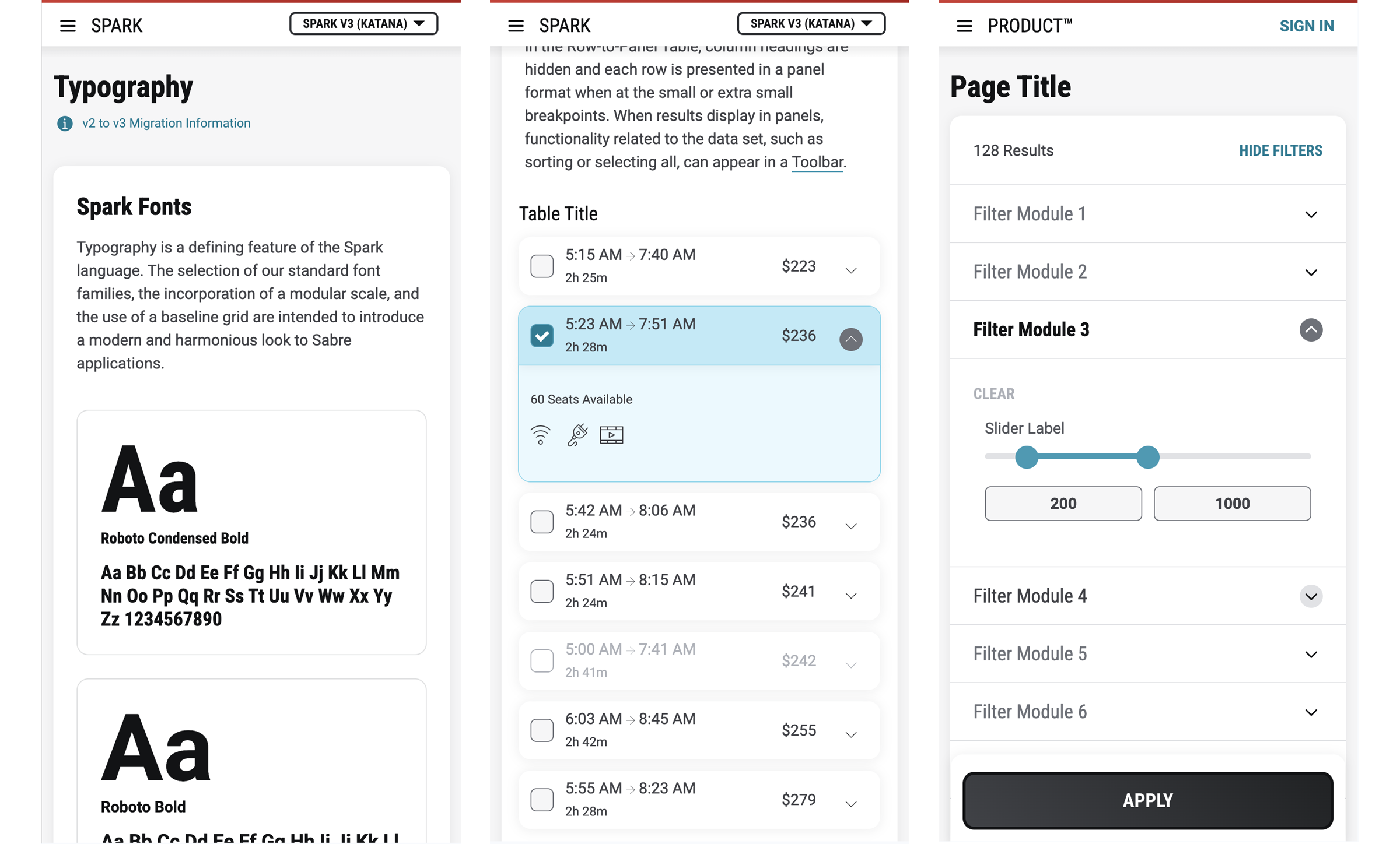 Mobile screenshots of the Spark documentation site showing responsive layouts: the Typography page, a Row-to-Panel Table converting rows into stacked panels, and Filters collapsing into an accordion with a docked Apply button.