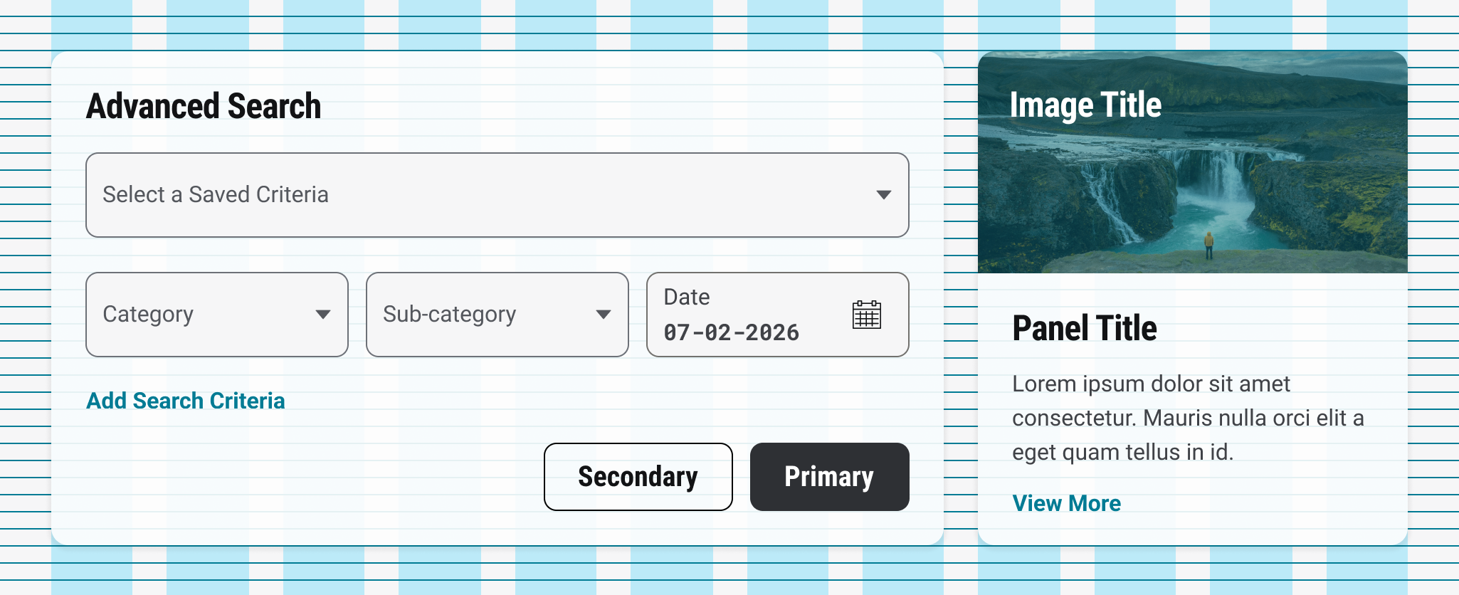 Advanced search form and image panel displayed side by side, with visible column and baseline grid lines demonstrating layout alignment and spacing.