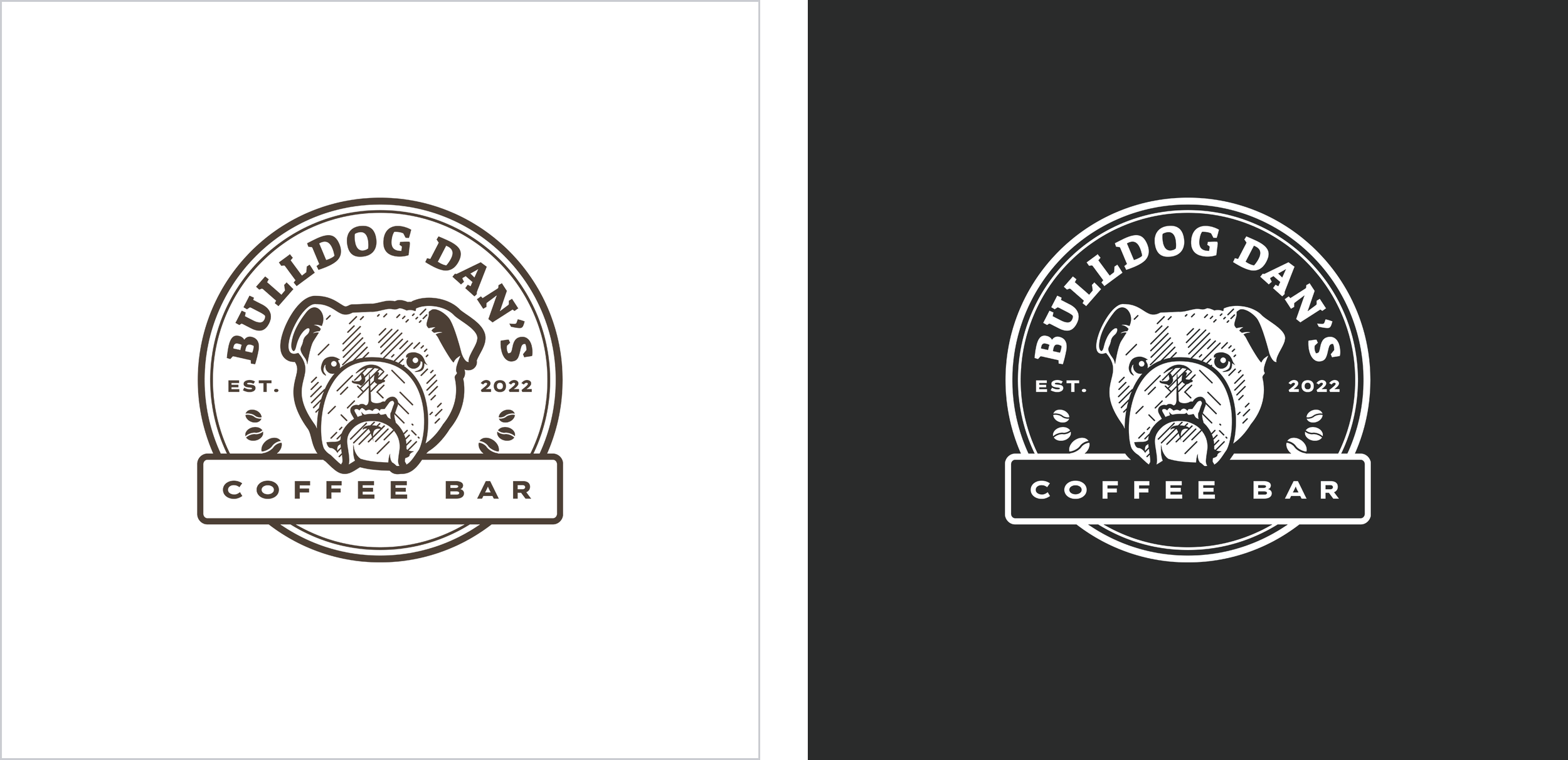 Side-by-side logo variations for Bulldog Dan’s Coffee Bar, showing a coffee-brown version on a white background on the left and a white version on a dark gray background on the right.