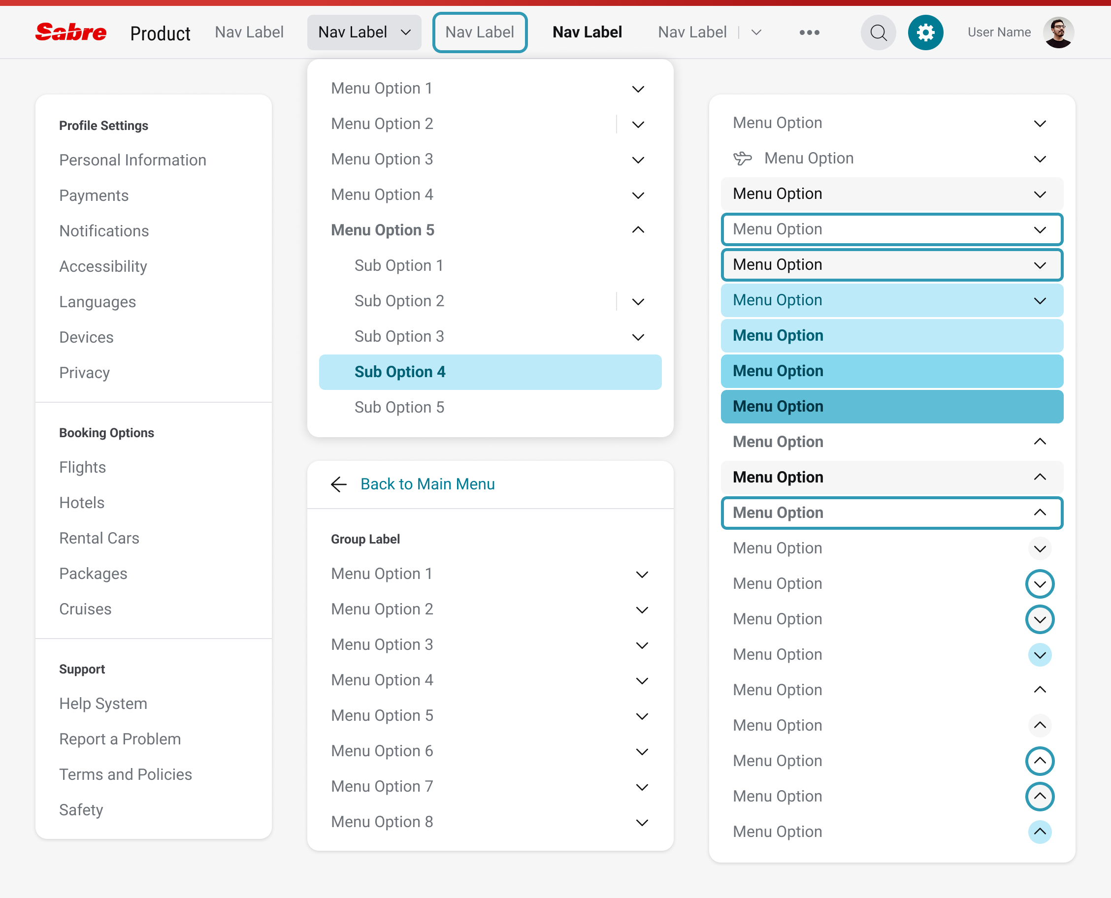 Panel menu component showing multiple variations and interaction states, with callouts identifying behaviors and configuration details.