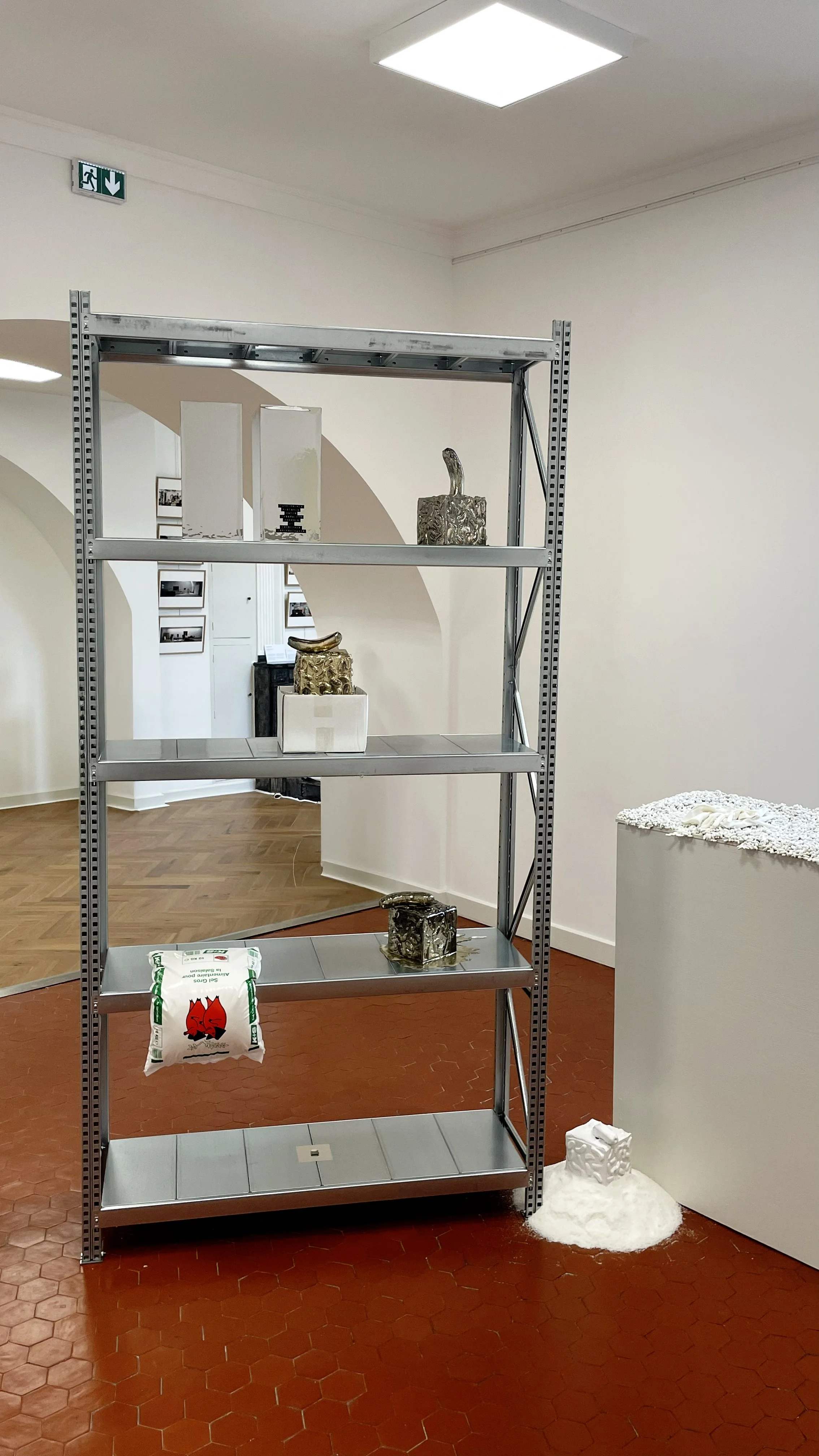 An art display featuring metallic sculptures and objects on metal shelving in a gallery with white walls and a red tiled floor.