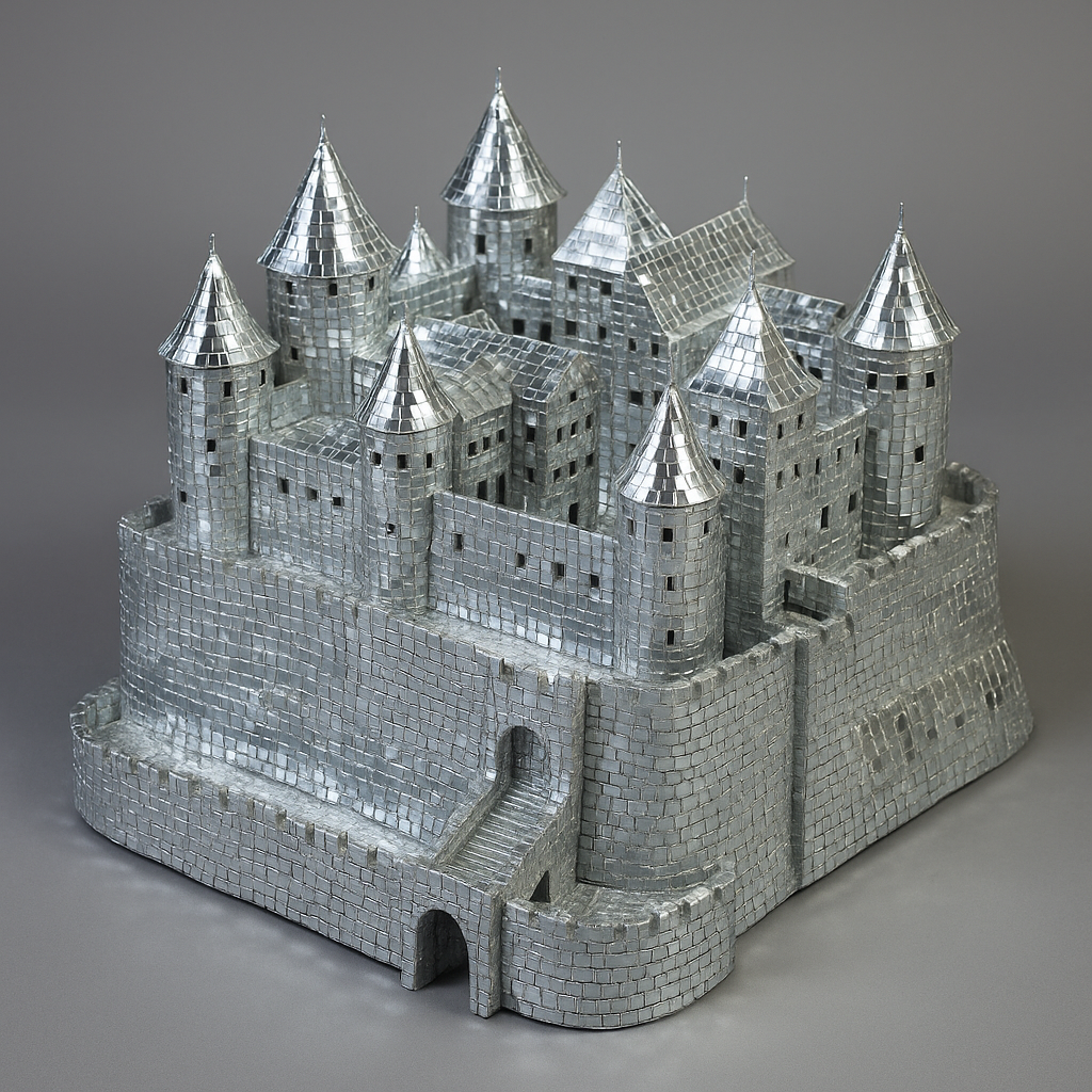 Silver metallic castle model with towers and walls