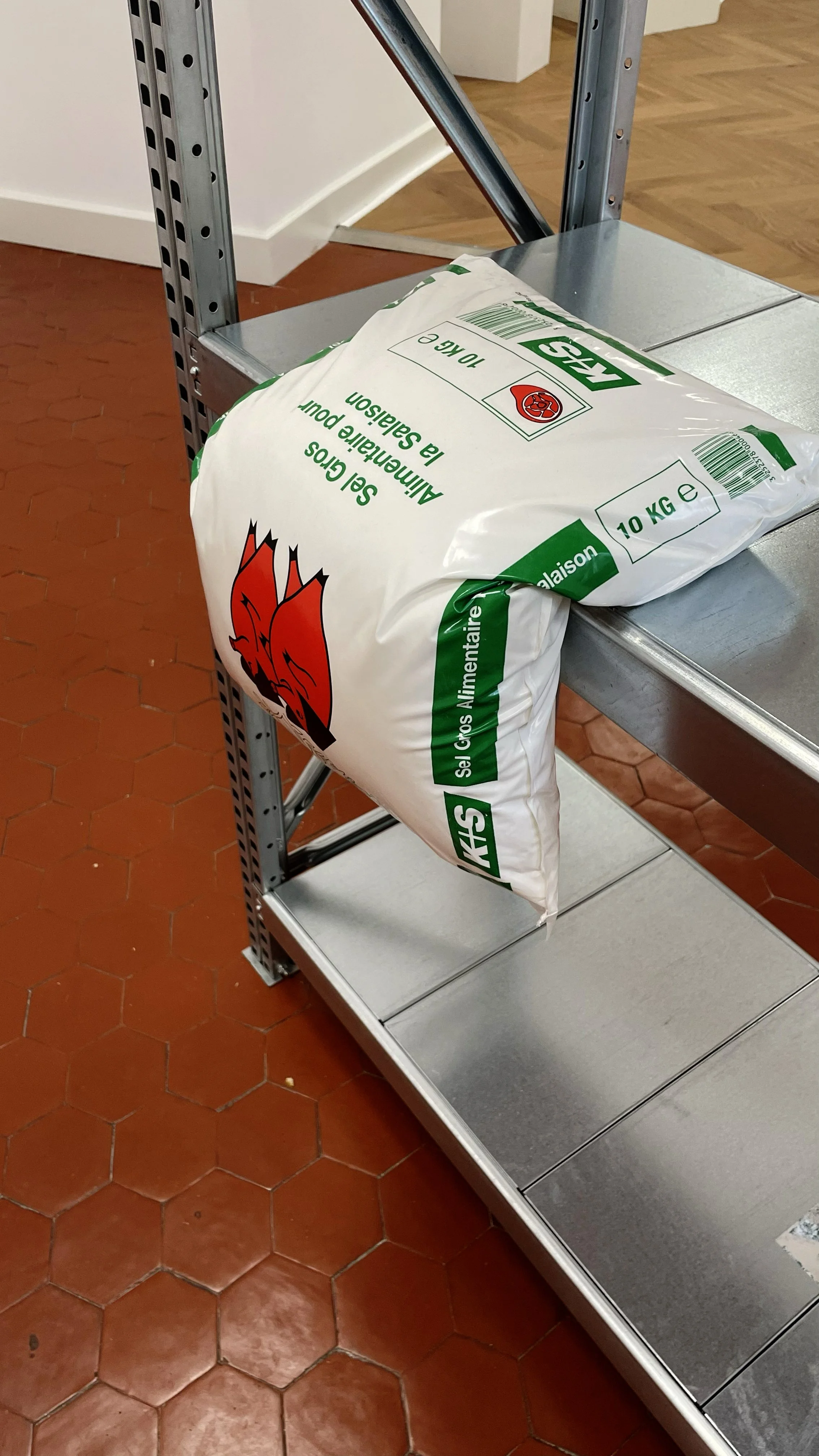 A white bag of salt labeled 'Sel Gros' and 'Alimentation' resting on a metal shelf in a room with orange tile flooring.