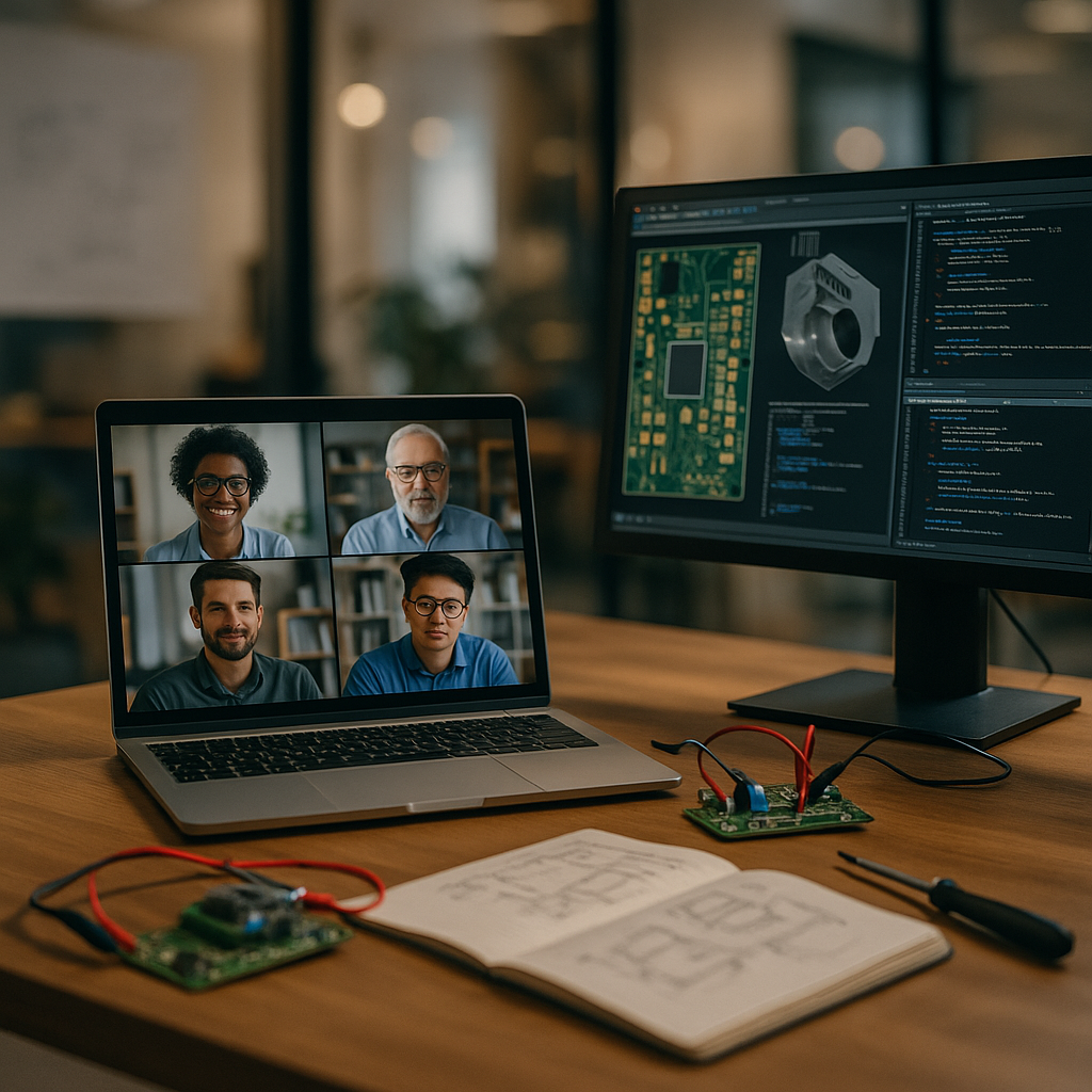 A computer workspace with a laptop showing a video conference call with four diverse people, two monitors displaying circuit designs and code, and electronic components connected to a circuit board on a wooden desk.