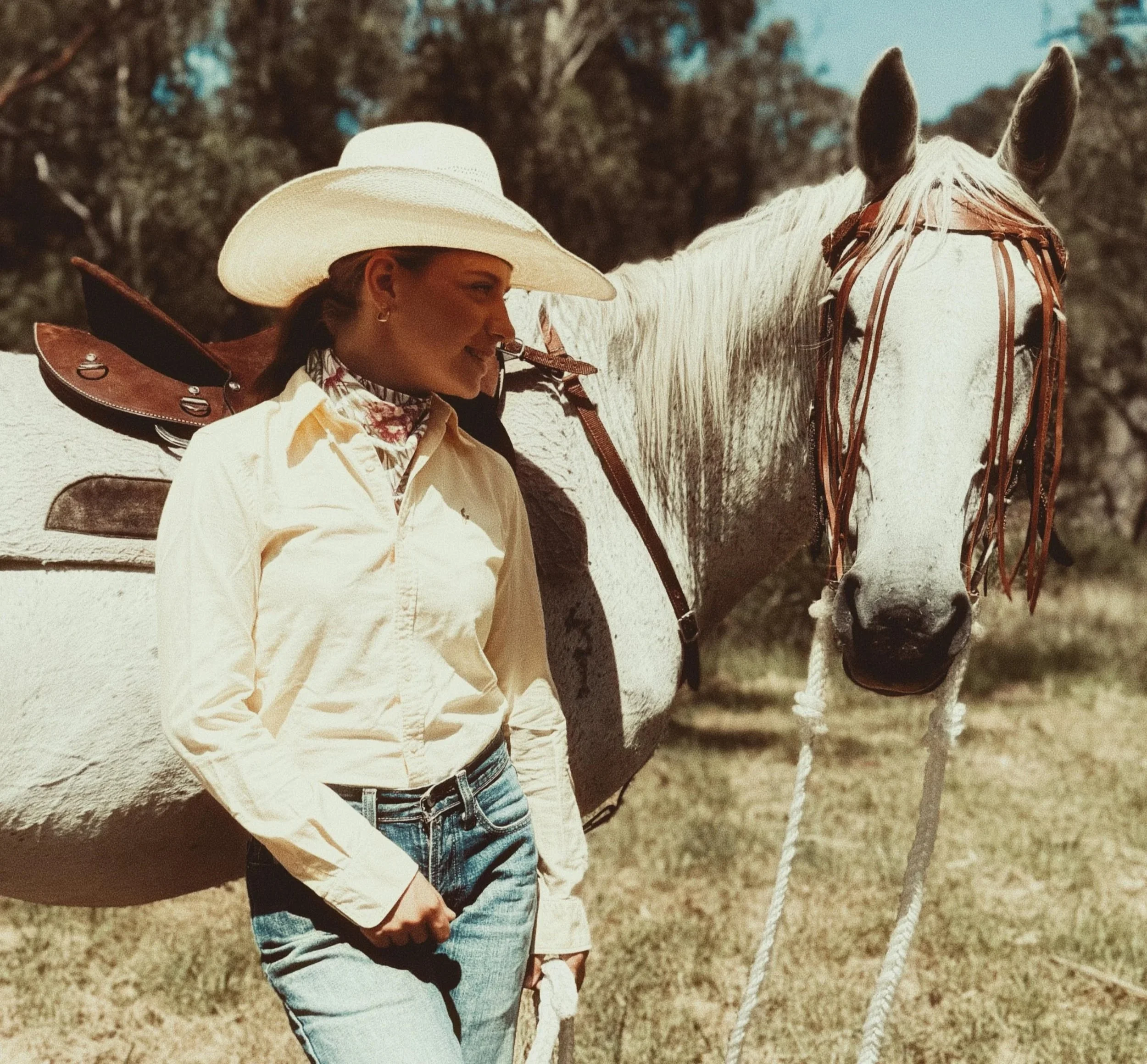Kent Saddlery fly veil displayed on a horse with a Kent Saddlery Station Special Saddle and a Girl wearing a Circle L hat and Rural Rays neck scarf.