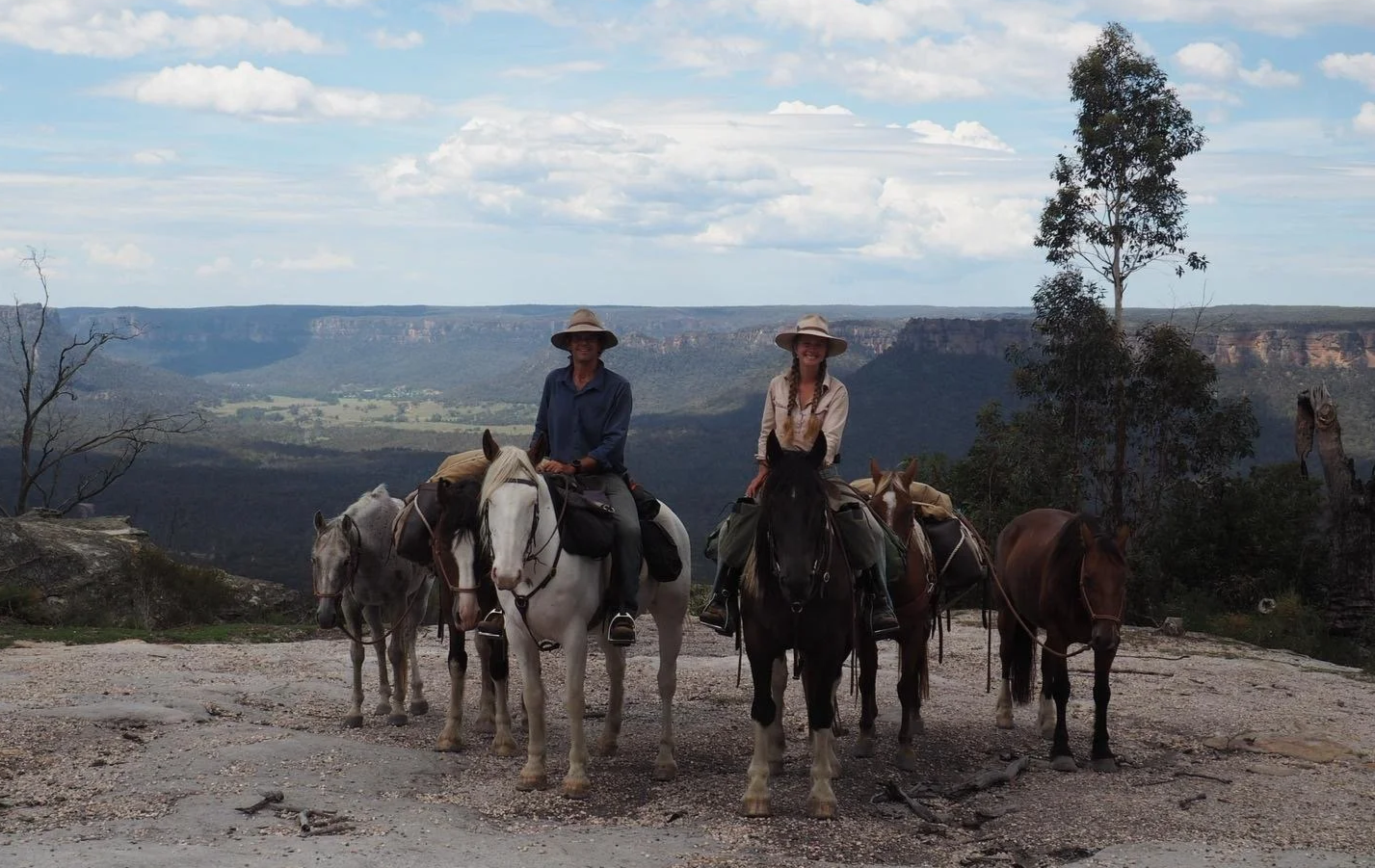 Nikki, Simon & their six horses. Location: Gardens of Stone NP, overlooking Wolgan Valley. The National Trail NSW, Australia. Horse Trekking adventure.