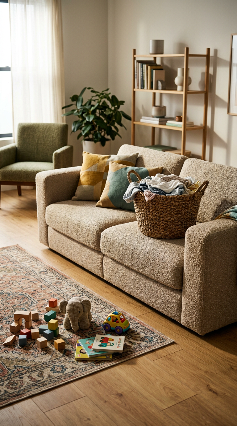 Wohnzimmer mit Sofa, Kinder Spielzeug auf Teppich, Bücherregal, Pflanzen und Fenster mit Vorhängen.