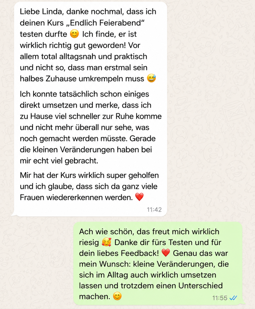Screenshot eines WhatsApp-Chats mit einer Dankesnachricht und positivem Feedback zu einem Kurs, geschrieben in Deutsch, mit Emoji-Icons.