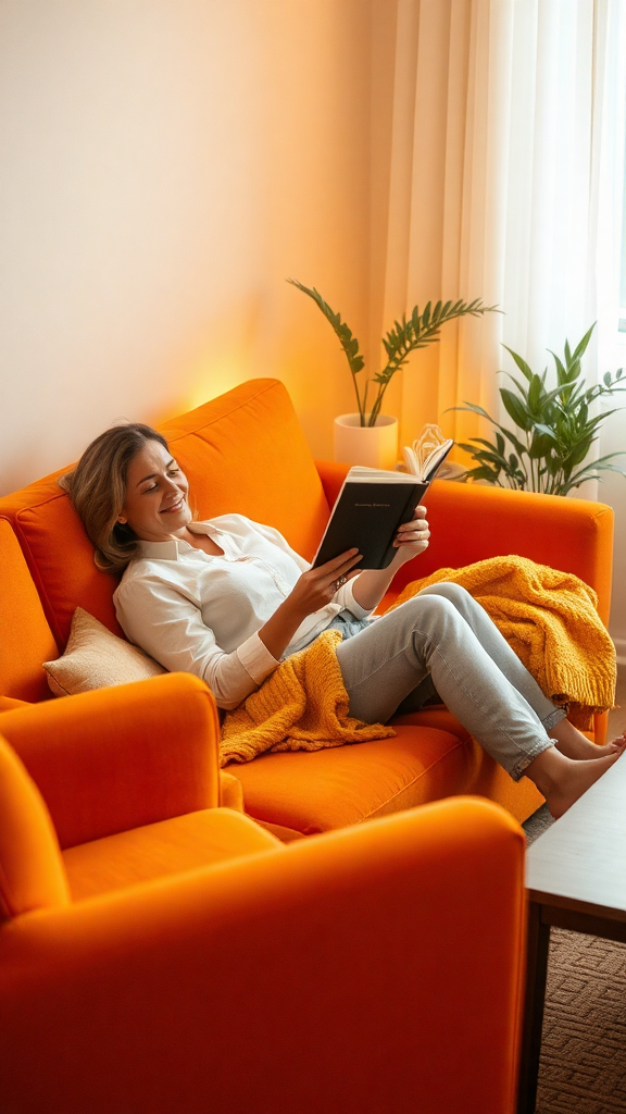Frau entspannt auf einem orangefarbenen Sofa, liest ein Buch, umgeben von Zimmerpflanzen, bei natürlichem Licht.