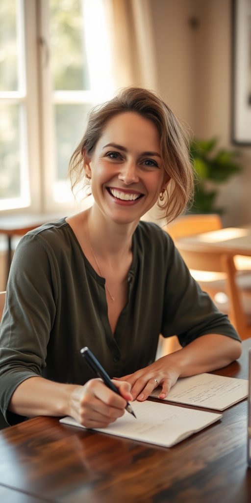 Eine lächelnde Frau schreibt in ein Notizbuch in einem gut beleuchteten Raum.