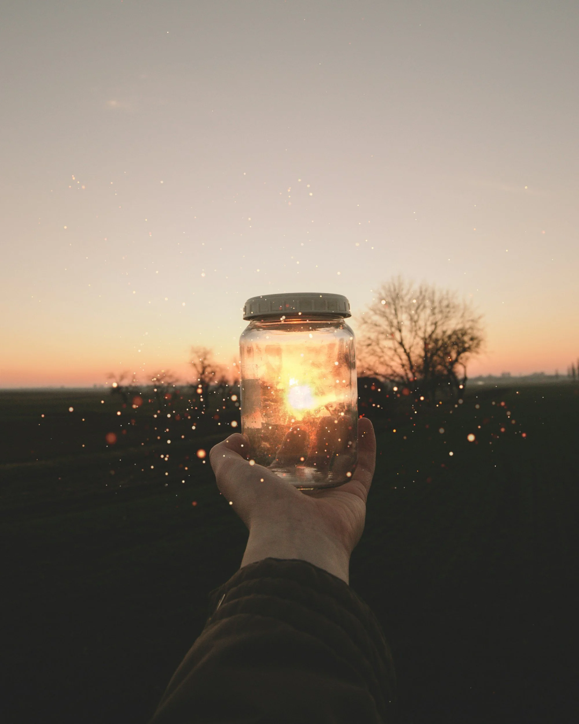 Eine Hand hält ein leeres Glas mit Sonnenlicht, durch das die Sonne im Hintergrund sichtbar ist, während der Himmel im Sonnenuntergangslicht leuchtet, mit Bäumen im Hintergrund.