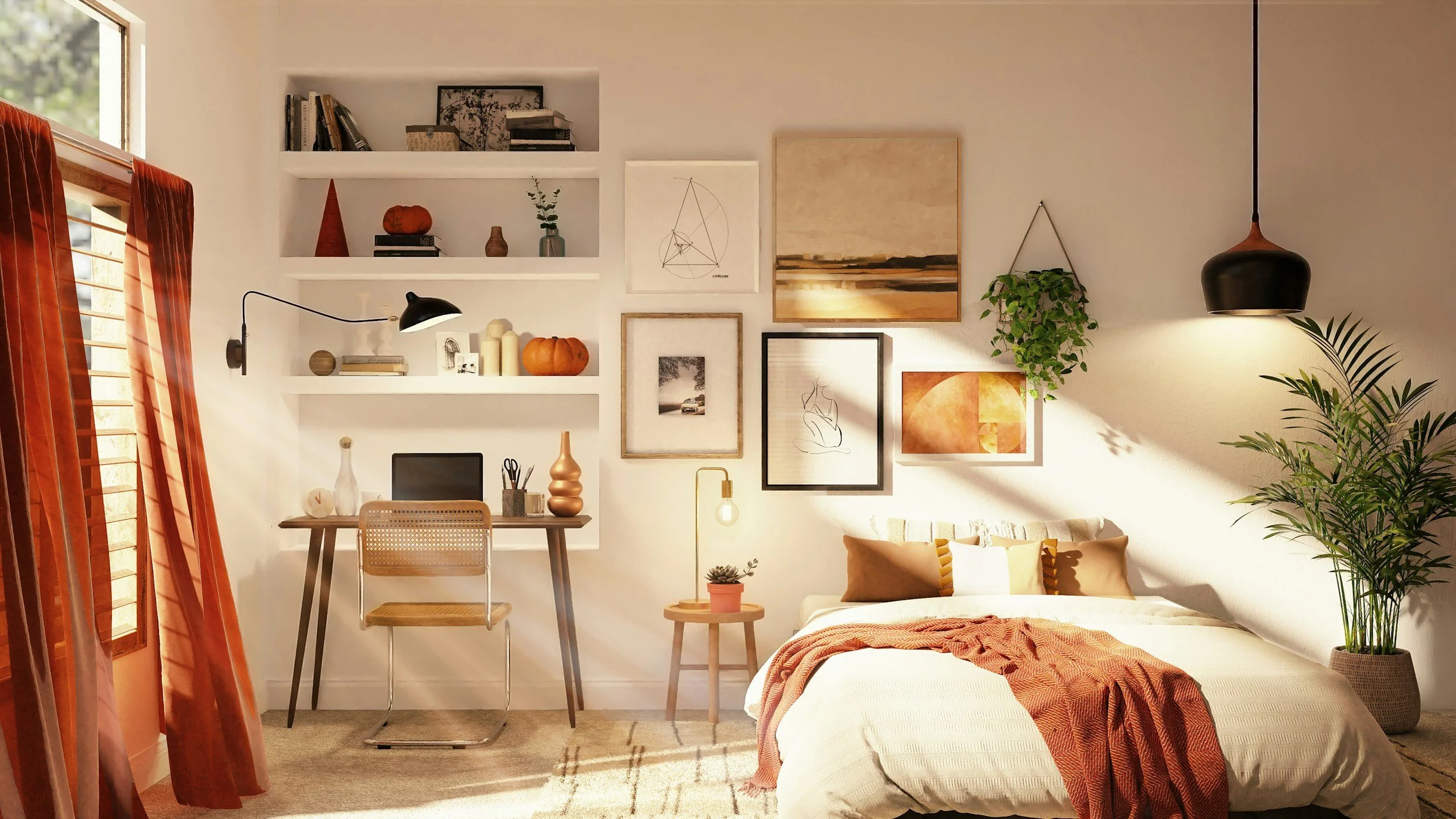 Gemütliches Schlafzimmer mit weißen Wänden, Wanddekorationen, einem Bett mit beigen und orangefarbenen Kissen, Pflanzen, einem Schreibtisch mit Stuhl, Wandregalen mit Dekor und Büchern, Vorhängen in Rostrot, und warmem Licht.