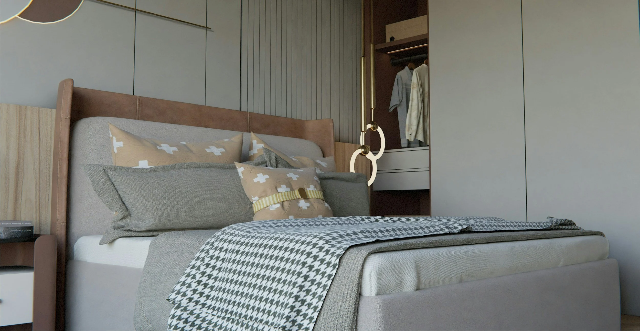 Modernes Schlafzimmer mit gemustertem Bettzeug, mehreren Kissen und einem offenenkleiderschrank im Hintergrund.