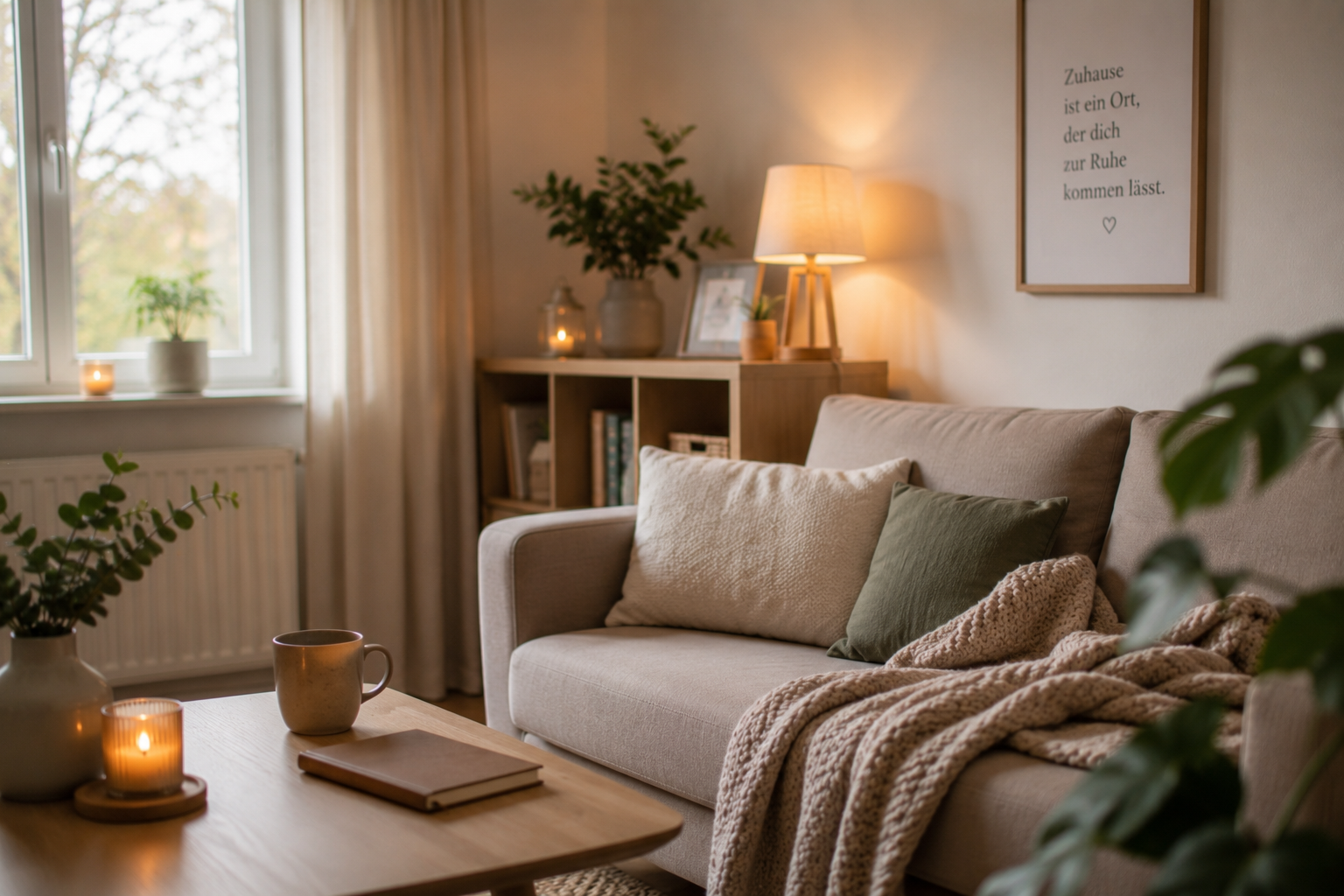 Gemütliches Wohnzimmer mit beige Sofa, Kissen, Decke, Couchtisch, Pflanzen, Lampe, Bücherregal und Wandbild in warmem Licht.