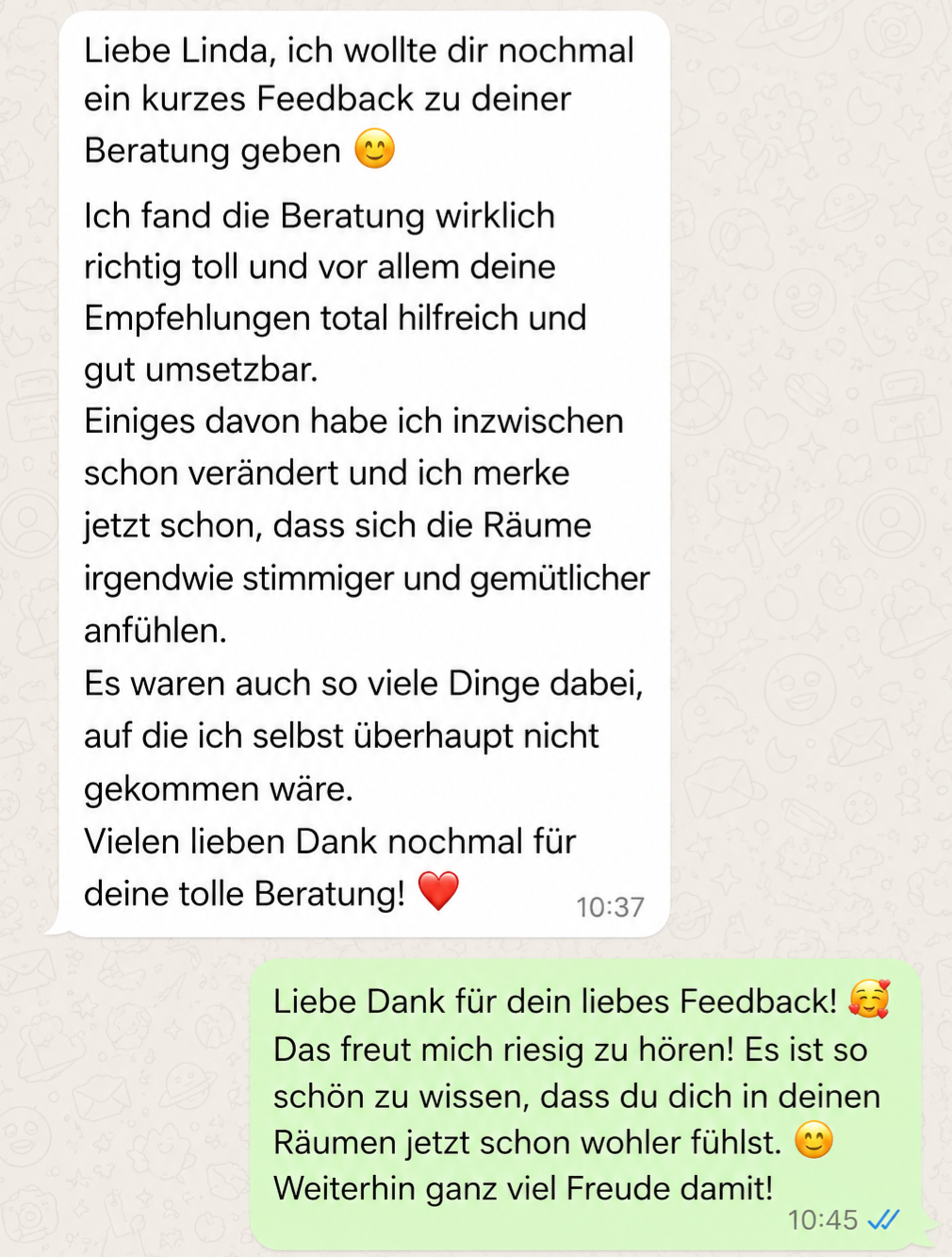 Screenshot eines WhatsApp-Chatverlaufs mit Feedback-Nachrichten in Deutsch zwischen zwei Personen zu einer Beratung.