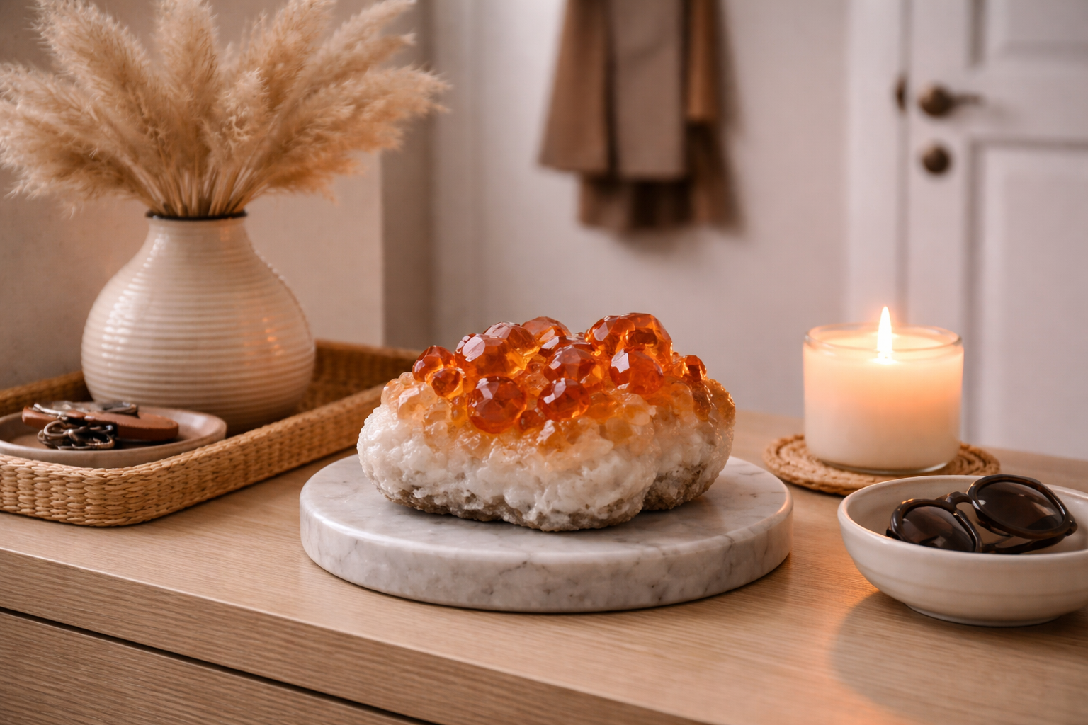 Ein Dessert mit Zitronensorbet und Kumquats auf einem runden Marmorbrett auf einem Holztisch, daneben eine Kerze, Sonnenbrillen in einer Schüssel, eine Vase mit Trockenpflanzen und eine kleine Schale mit Schlüssel auf einem Tablett.