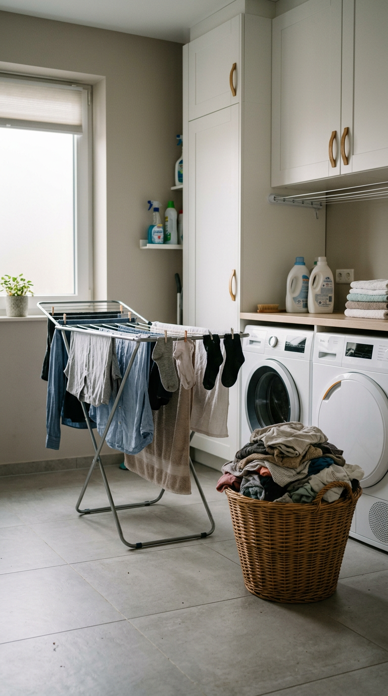 Waschraum mit Waschmaschine, Wäschetrockner, Wäschekorb, Wäscheständer mit frisch gewaschener Kleidung, Regalen mit Reinigungsmitteln, Fenster und einem kleinen Pflanze