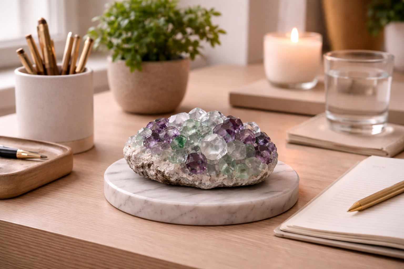 Ein Tisch mit einer Kristallgruppe aus Amethyst und Fluorit auf einem runden Marmoruntersetzer, einem Notizbuch mit einem goldfarbenen Stift, einer brennenden Kerze, einem Glas Wasser, einem zweiten Notizbuch, einer weißen Kerze, einer Pflanze in einem Tontopf und einem Becher mit Goldfederstiften.