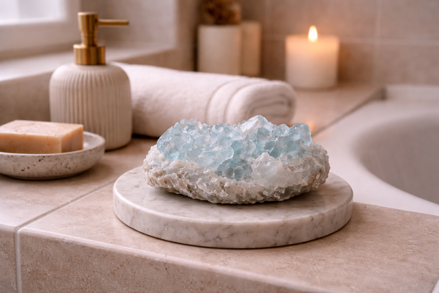 Badezimmer mit einem weißen Marmorteller, einer blauen Kristallklumpen, einem Handtuch, Seife, einer Kerze und einem Badezimmer mit natürlichen Dekorationen.