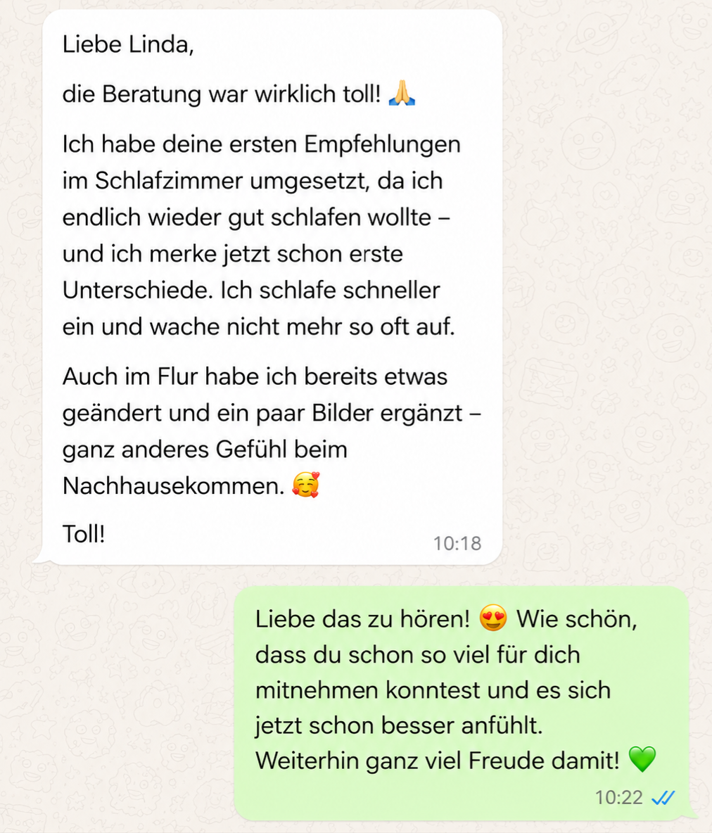 Screenshot eines WhatsApp-Chatverlaufs mit einer Nachricht auf Deutsch, die eine positive Rückmeldung über eine Beratung enthält, gefolgt von einer glücklichen Antwort.