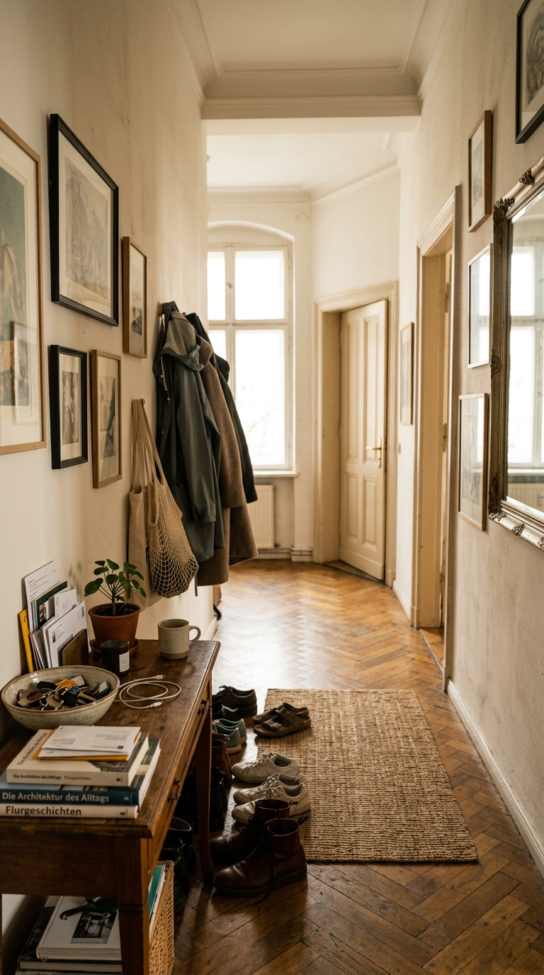 Ein Flur in einer Wohnung mit einer Schuhablage, Schuhen, Jacken an der Wand, einem Spiegel, einem Fenster und mehreren Bilderrahmen an den Wänden.