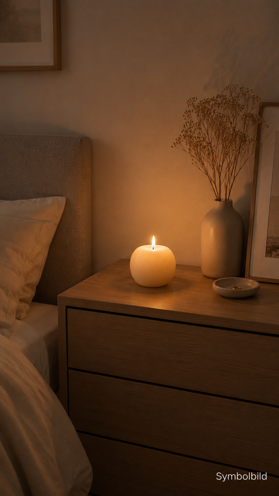 Nächtliche Szene mit beleuchteter Kerze auf Nachttisch, dazu Vase mit Trockenblumen und Bilderrahmen im Schlafzimmer.