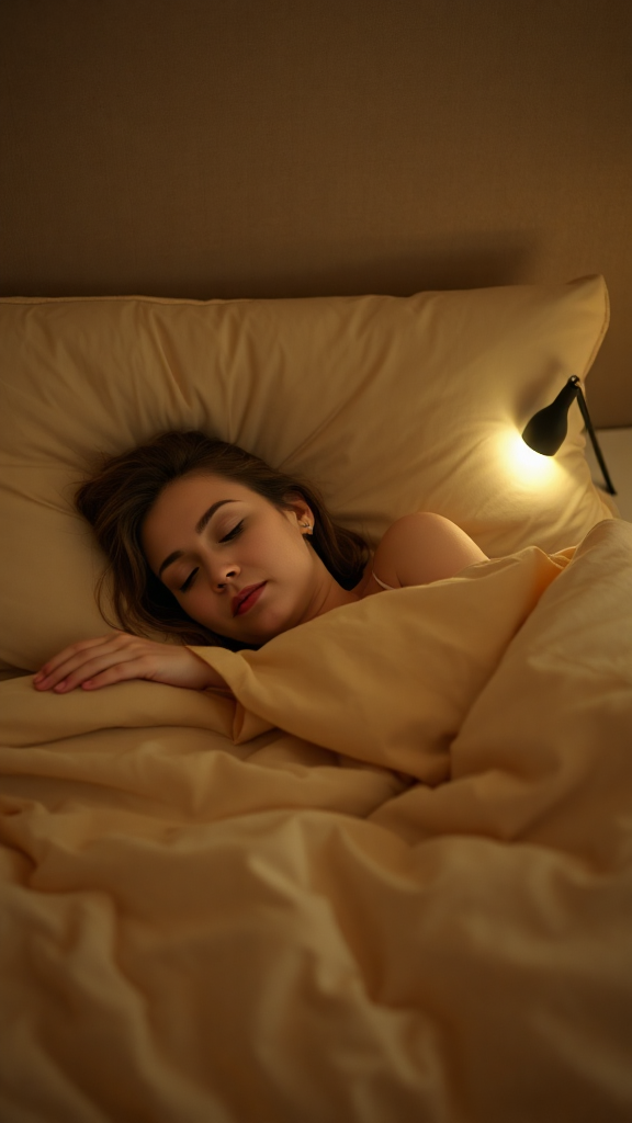 Eine junge Frau schläft friedlich in einem Bett mit cremefarbenen Bettwäsche, beleuchtet von einem kleinen schwarzen Nachttischlampe, in einer gemütlichen, warm beleuchteten Umgebung.
