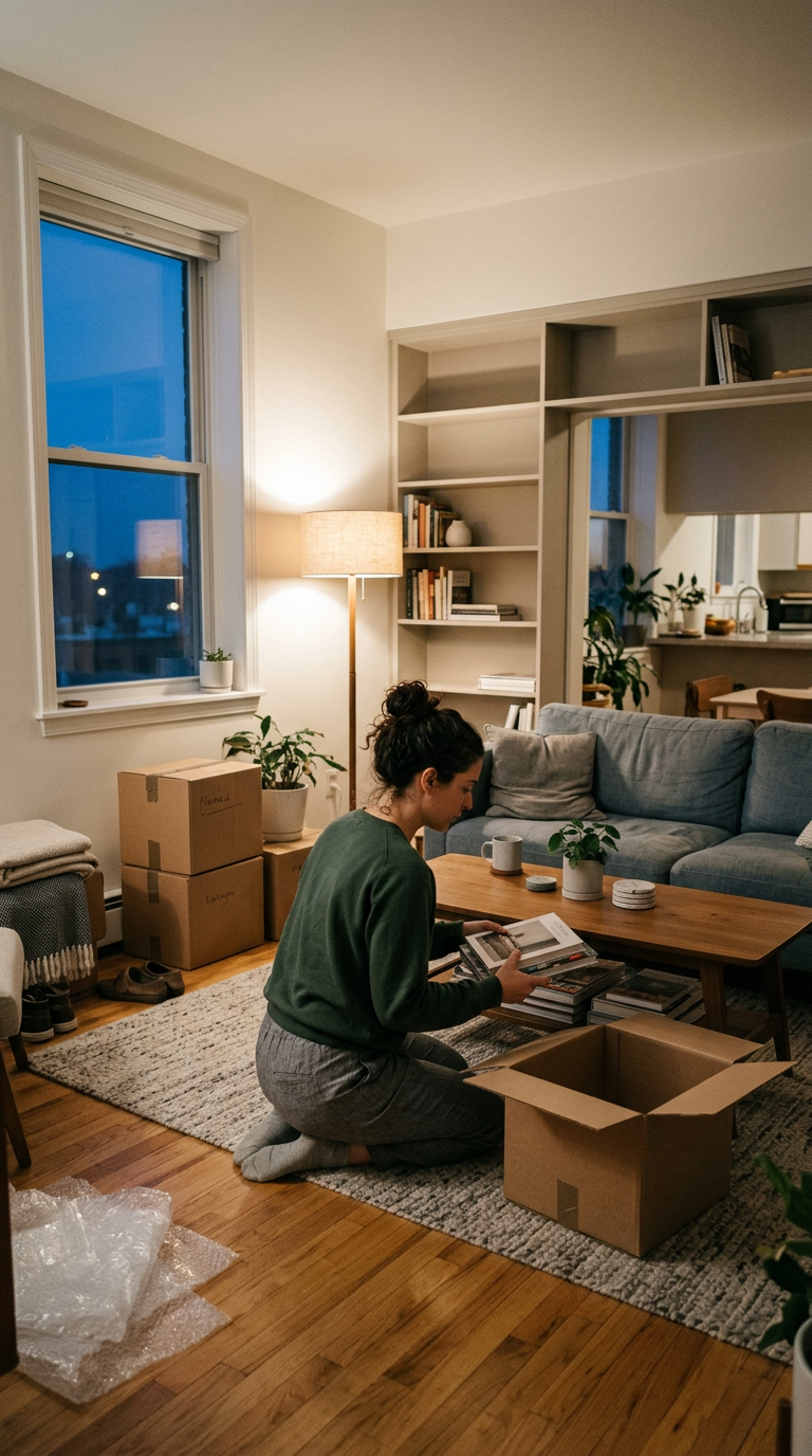 Eine Frau sitzt auf dem Boden in einem Wohnzimmer, sortiert Bücher aus einer Kiste. Im Hintergrund sind eine Couch, ein Bücherregal, ein Fenster mit Blick nach draußen und einige Umzugskartons.