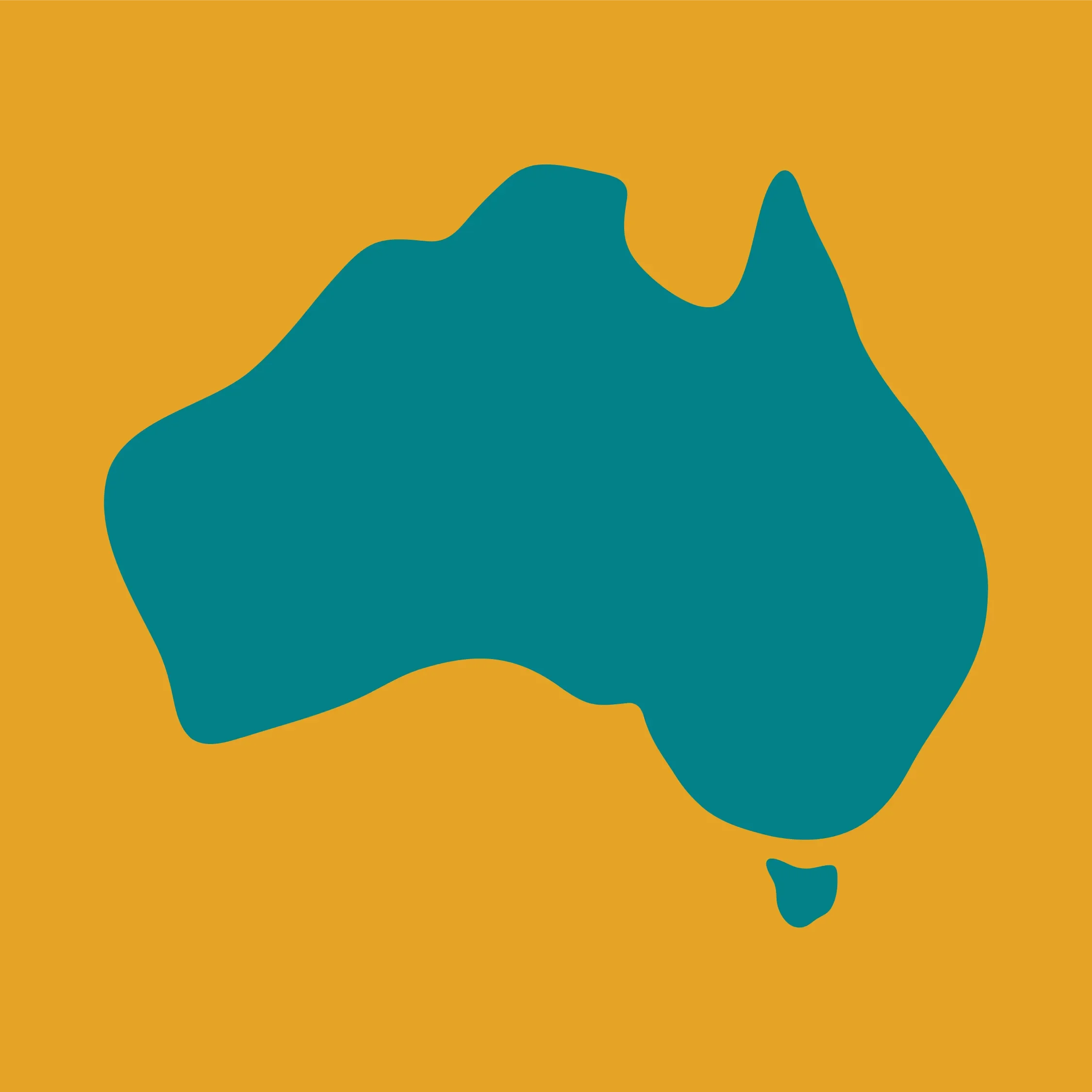 Silhouette of Australia in teal on a mustard yellow background.