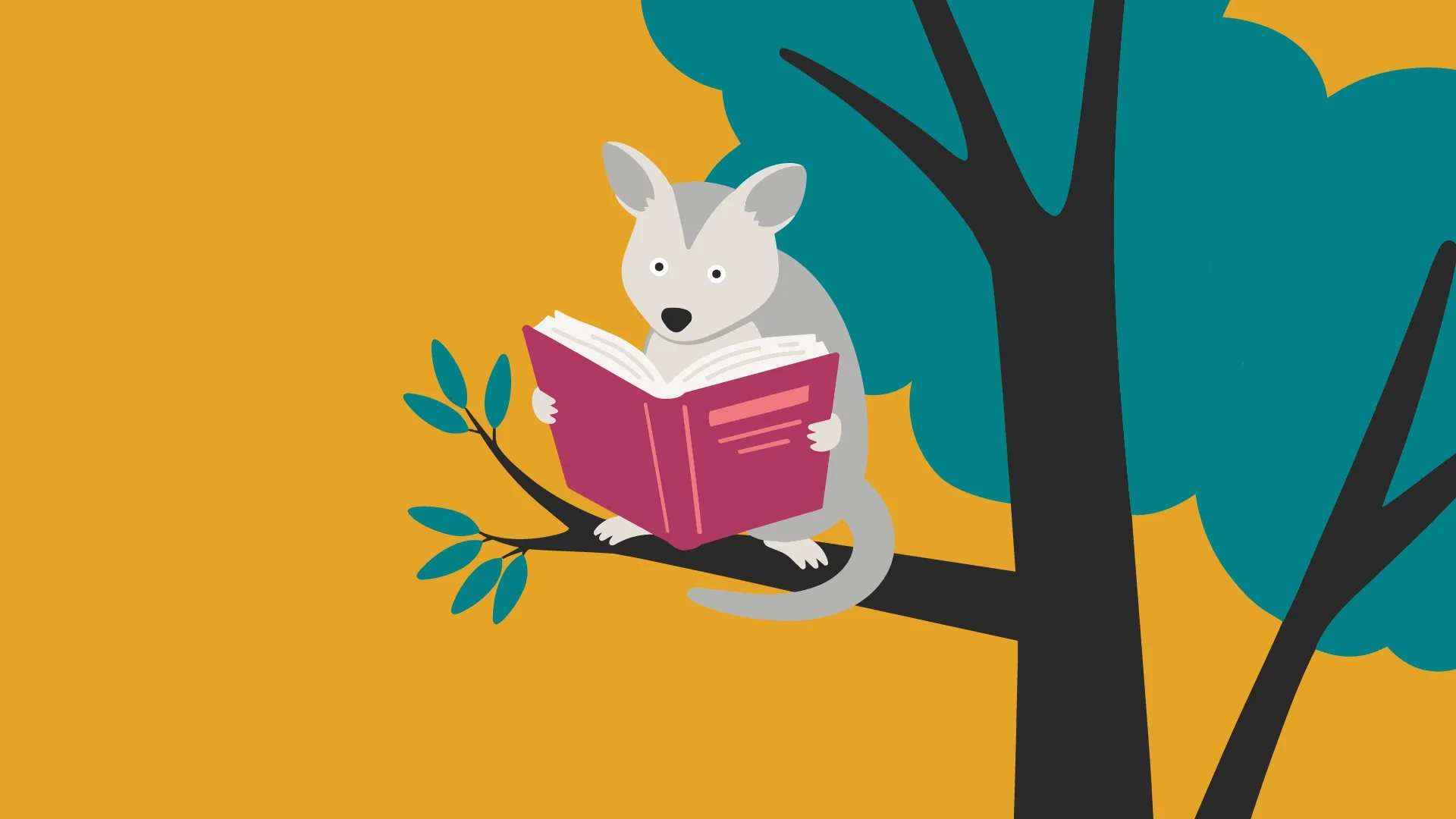 Illustrated Australian Possum reading a book in a tree