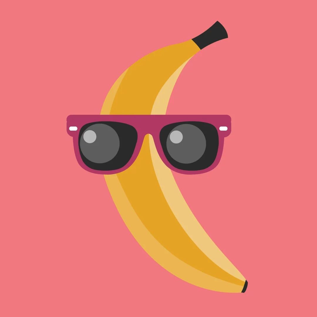 A cartoon banana wearing pink sunglasses against a pink background.