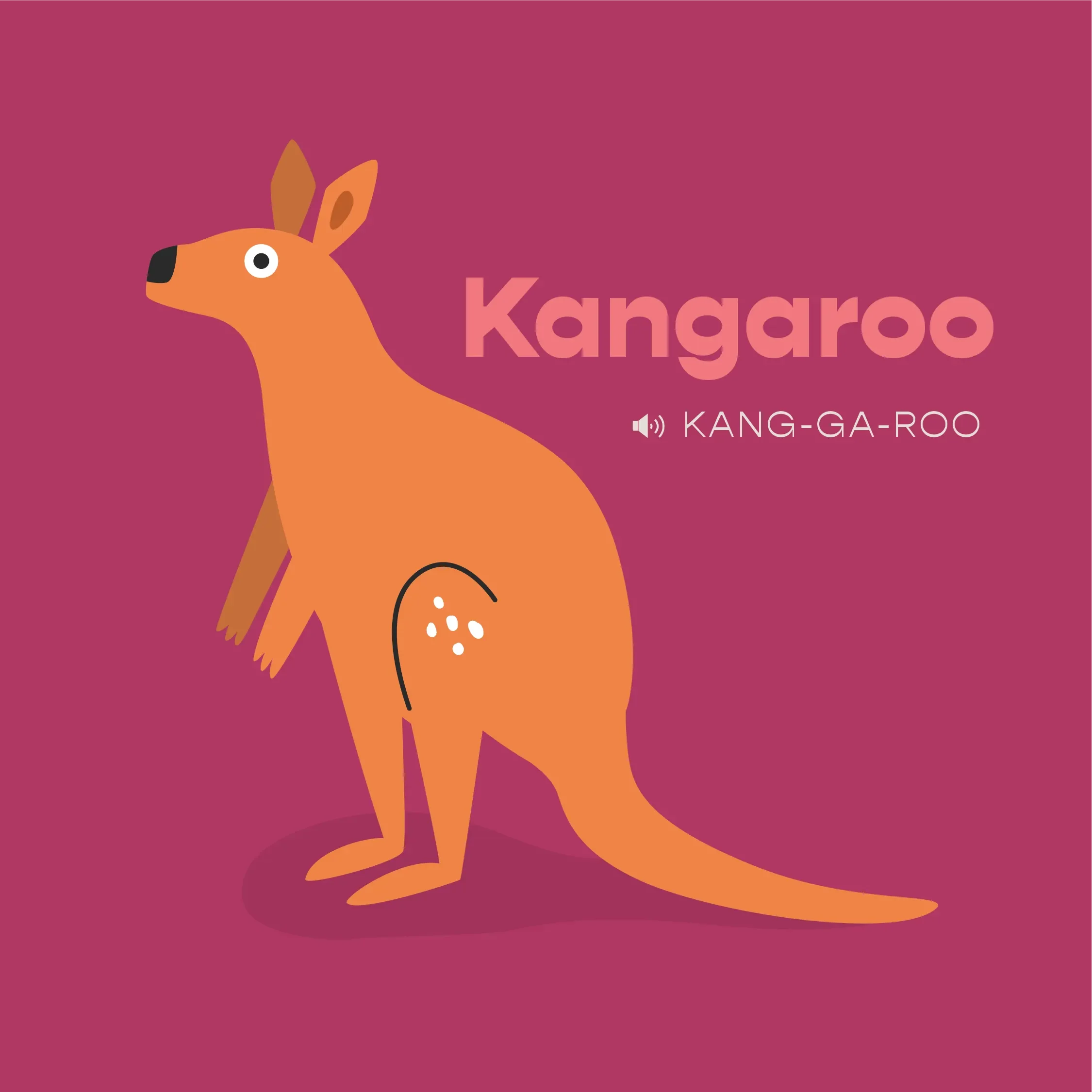 Illustration of a kangaroo with text "Kangaroo" and pronunciation "KANG-GA-ROO" on a pink background.