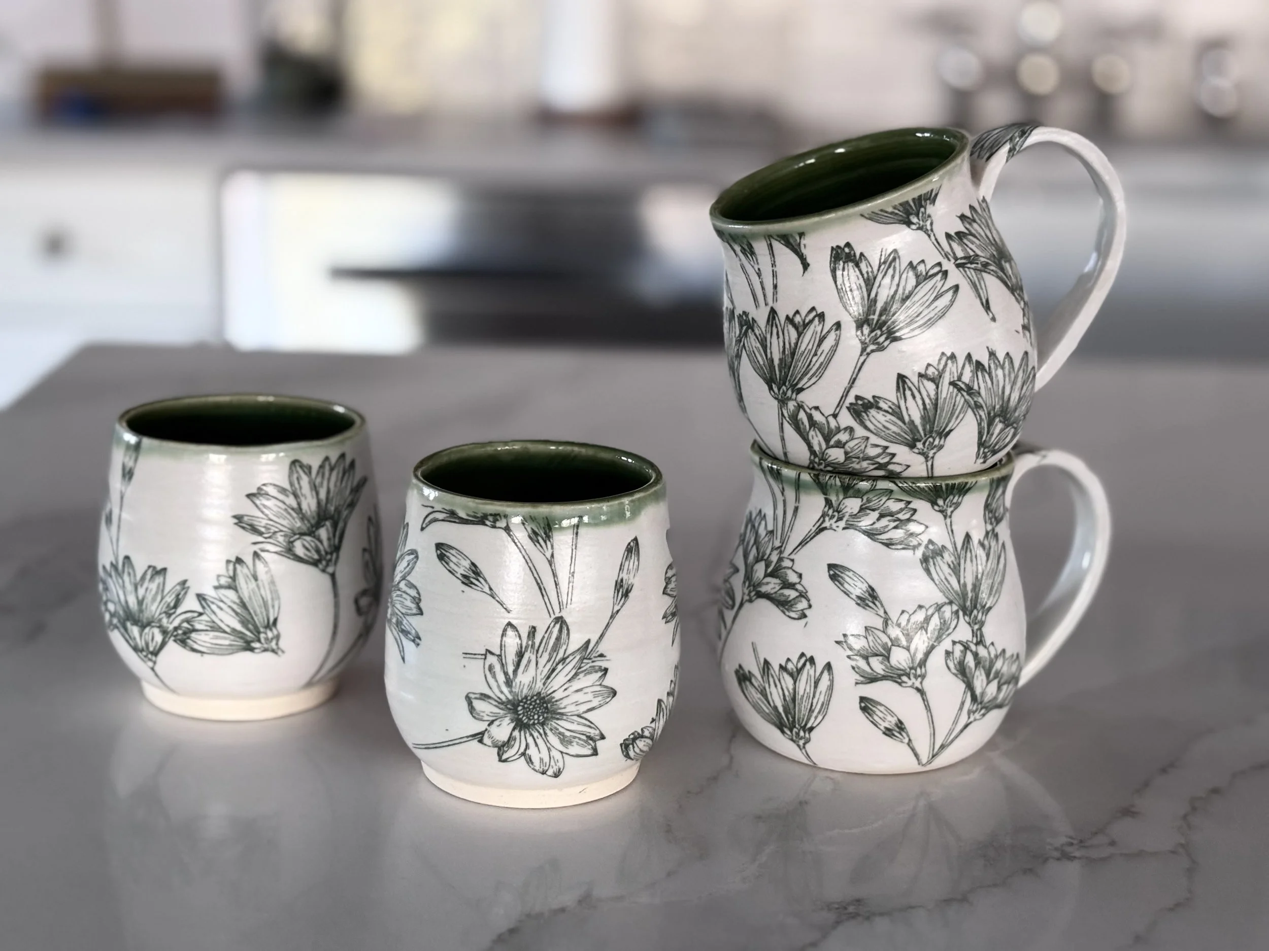 Green Floral Cups in Matte White