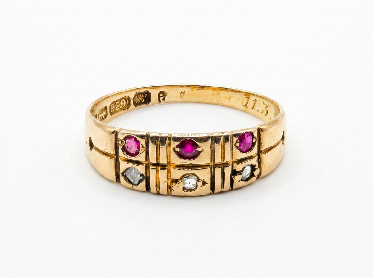 15 CT GOLD RING WITH RUBIES AND DIAMONDS