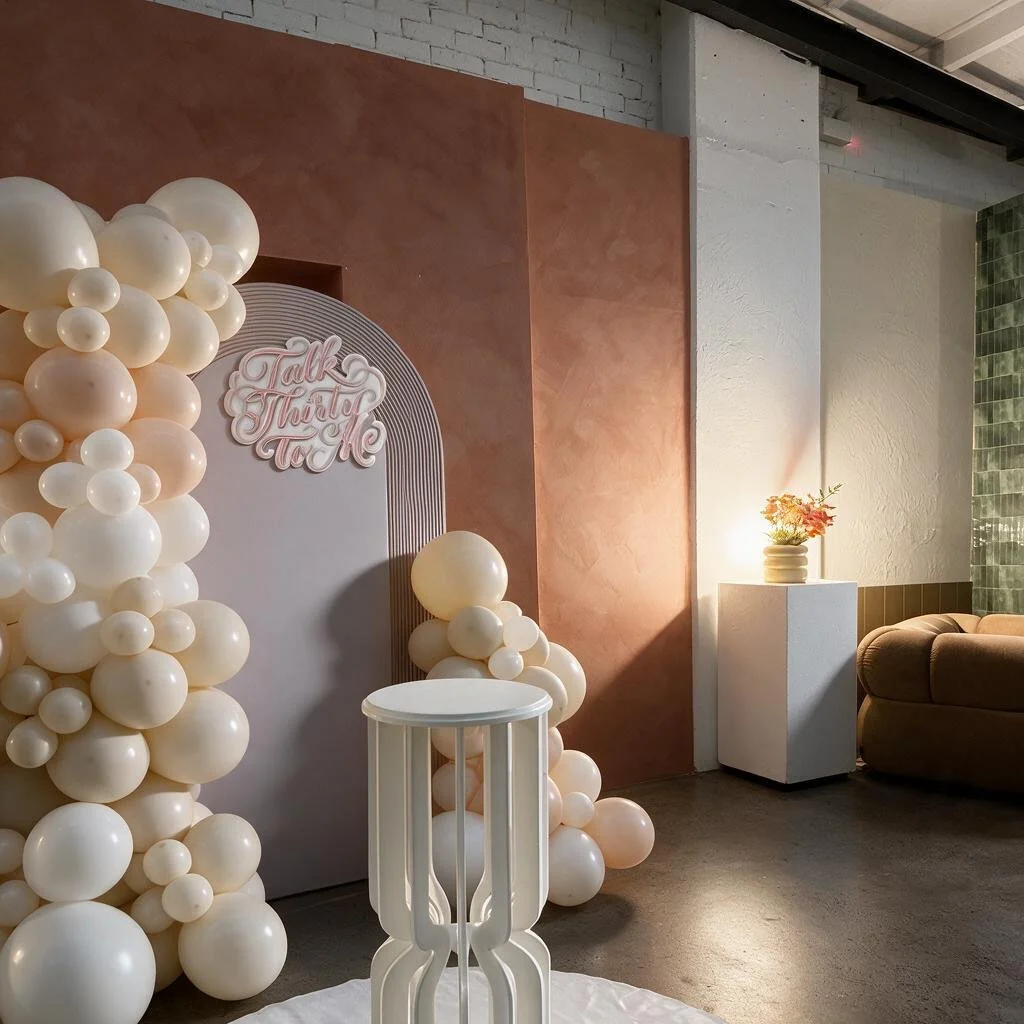 Content studio, event space in Sydney with decor. Balloon Garland Decor. Birthday party venue