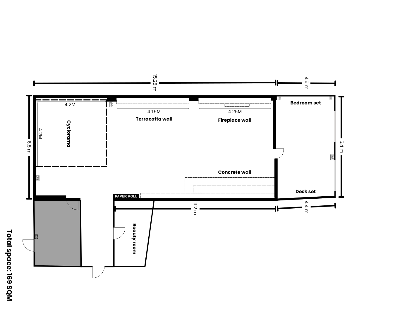 Floor plan of a residential space with labeled areas including a tower room, turquoise wall, terracotta and fireplace walls, a bedroom with bed set, a desk set, concrete wall, and a bathroom. Dimensions are provided for each section.
