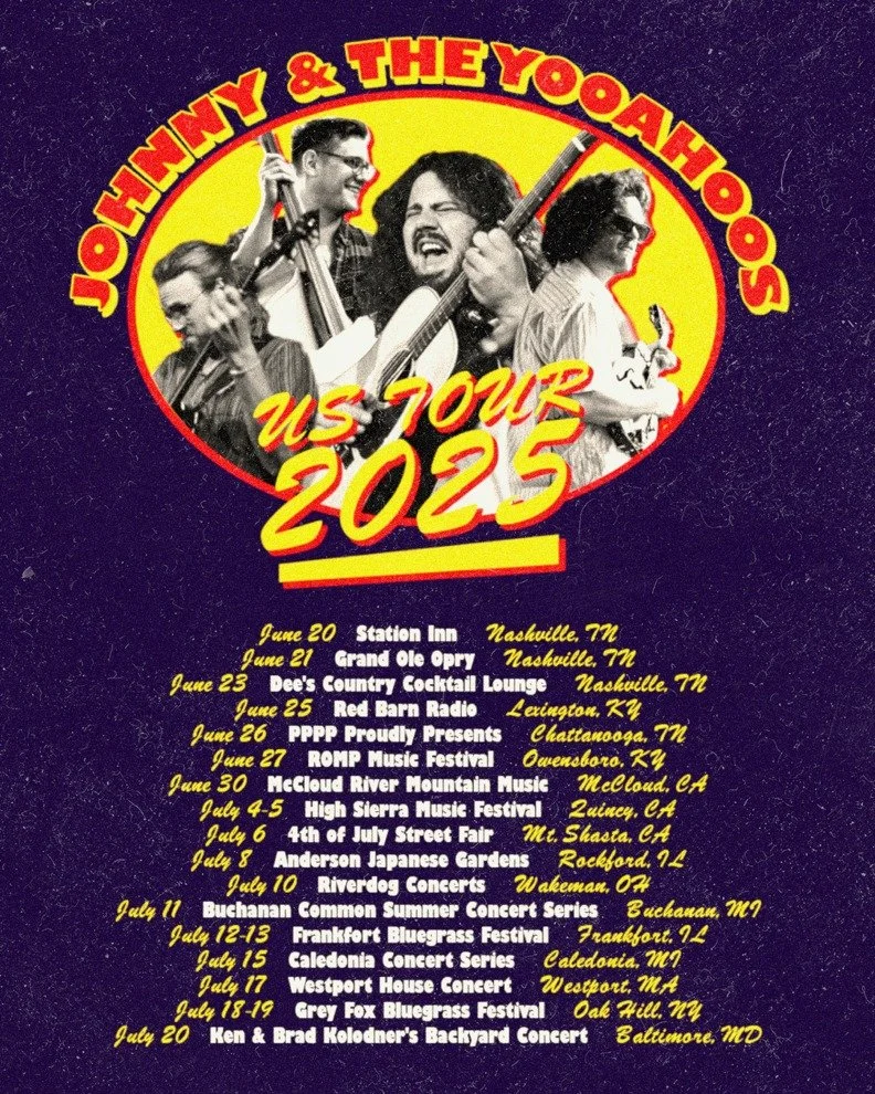 Promotional poster for Johnny & Theyoohs' 2025 US tour with a black background and a yellow circle containing photos of band members playing guitars and singing. The tour dates and locations are listed below.