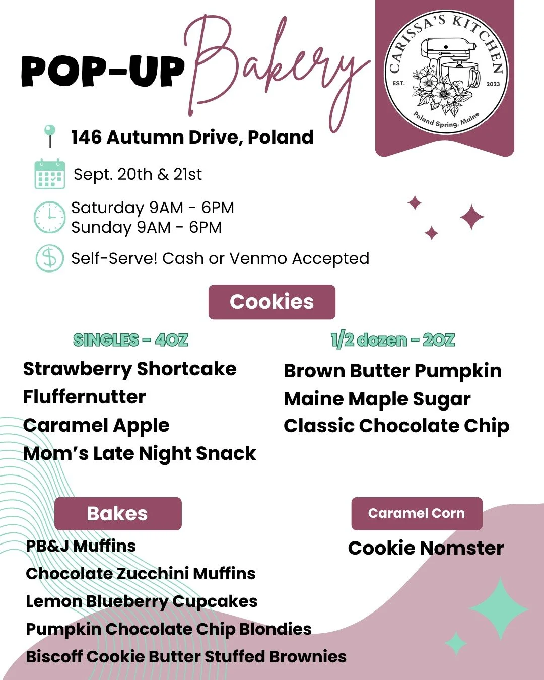 🍂✨ Pop-Up Bakery Weekend ✨🍂
The oven&rsquo;s on, the cookies are warm, and my pop-up bakery is ready for you this weekend!

📍 146 Autumn Drive, Poland
📅 Sept. 20th &amp; 21st
🕘 Saturday &amp; Sunday | 9AM &ndash; 6PM
💵 Self-serve | Cash or Venm