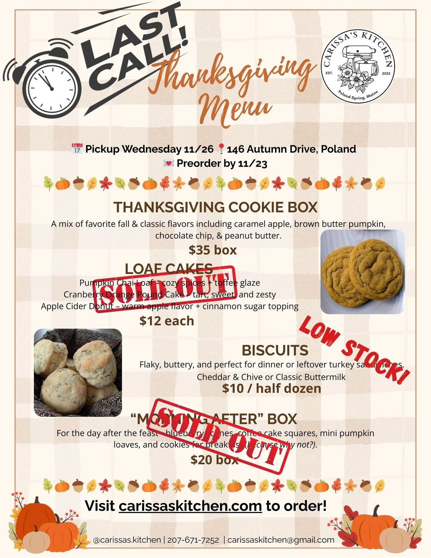 Okay y&rsquo;all, this is the for real last call!
Just a couple Cookie Boxes and two Biscuit six packs left (Cheddar &amp; Chive + Buttermilk).

If you want &rsquo;em, snag &rsquo;em now! 🦃🍪