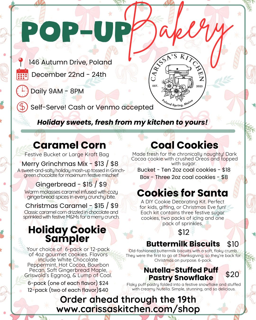 🎄✨ DECEMBER POP-UP ALERT! ✨🎄
I&rsquo;m popping up 12/22&ndash;12/24 with all the holiday treats your sweet tooth has been dreaming about. Think cozy caramel corn, &ldquo;coal&rdquo; cookies for your favorite troublemakers, DIY cookie kits for Santa