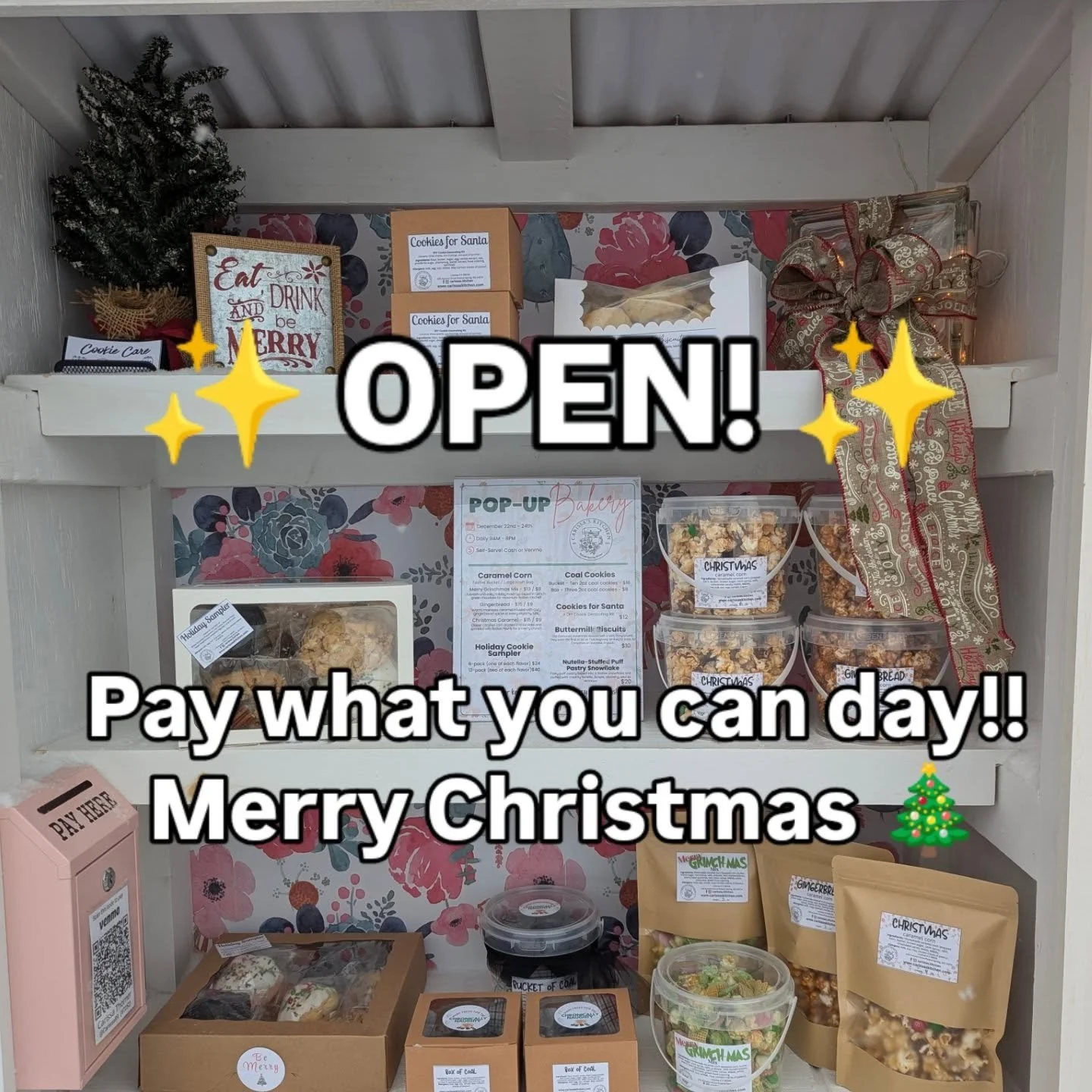 🎄 The bakery cart is open! 🥐✨
Stop by and grab something sweet!  AND today it&rsquo;s PAY WHAT YOU CAN day! Pay the listed price, pay half, or pay a dollar &mdash; it&rsquo;s totally up to you!

A little Christmas Eve treat, no pressure, just joy ?