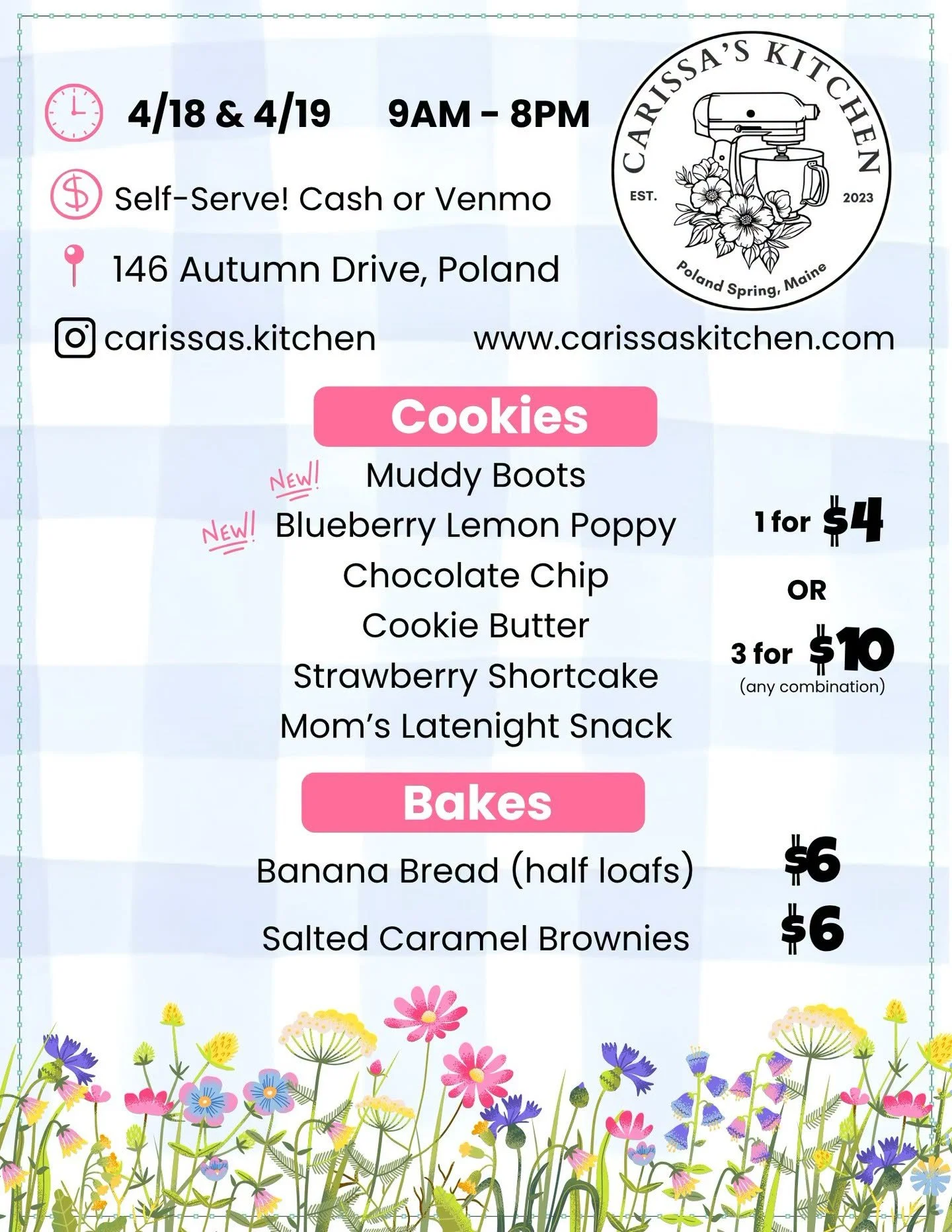 Hi friends🍪
The bakery cart is out this weekend from 9-8 (Sunday hours = weather permitting&hellip;Mother Nature keeps us on our toes).

I&rsquo;ve got a couple new cookies making their debut:
&bull; Muddy Boots - a chocolate base with dark chocolat