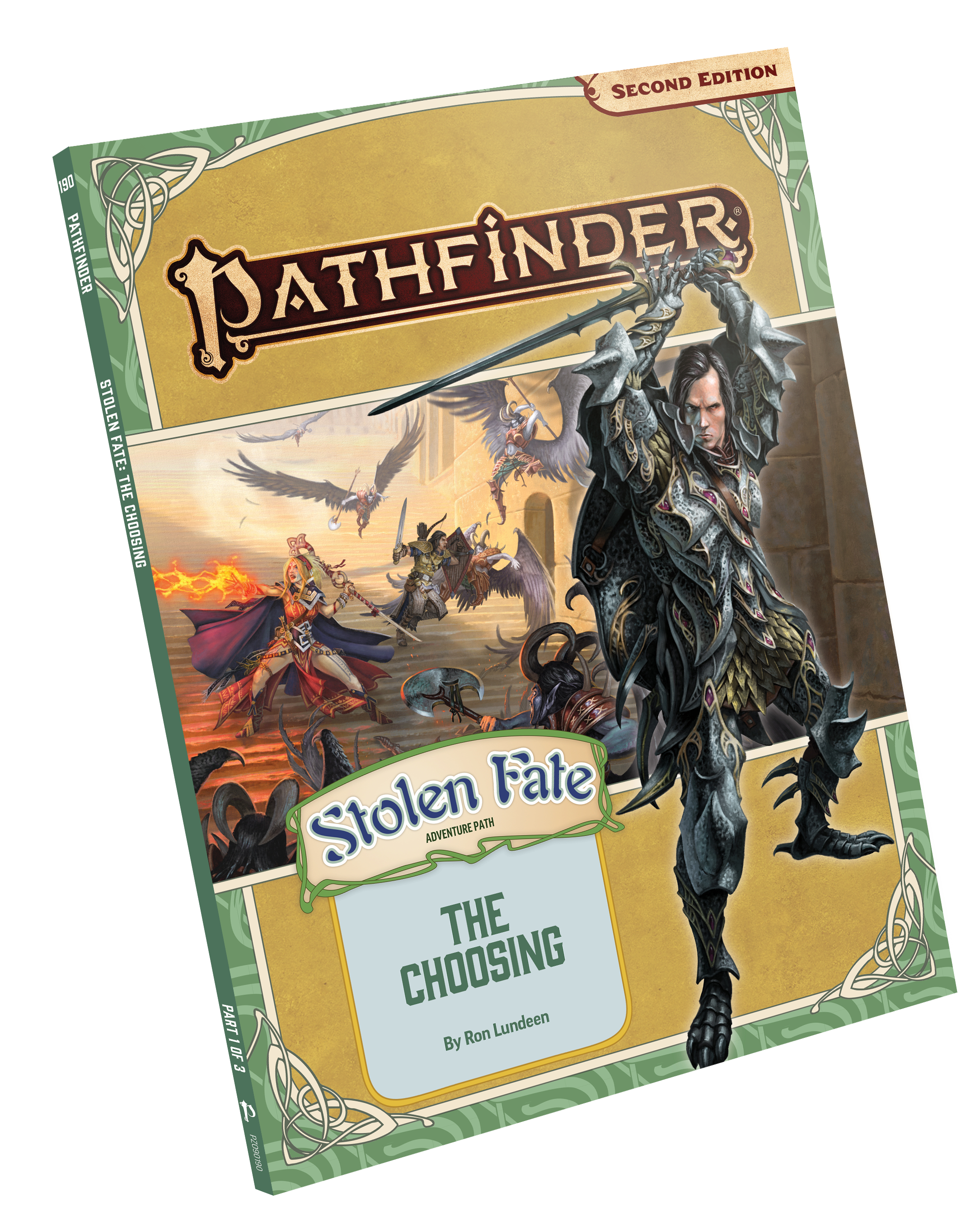 Cover of the Pathfinder adventure book titled "Stolen Fate: The Choosing" by Ron Lunde, featuring a dark armored female warrior wielding a sword and a scene of flying winged creatures and battling figures in the background.