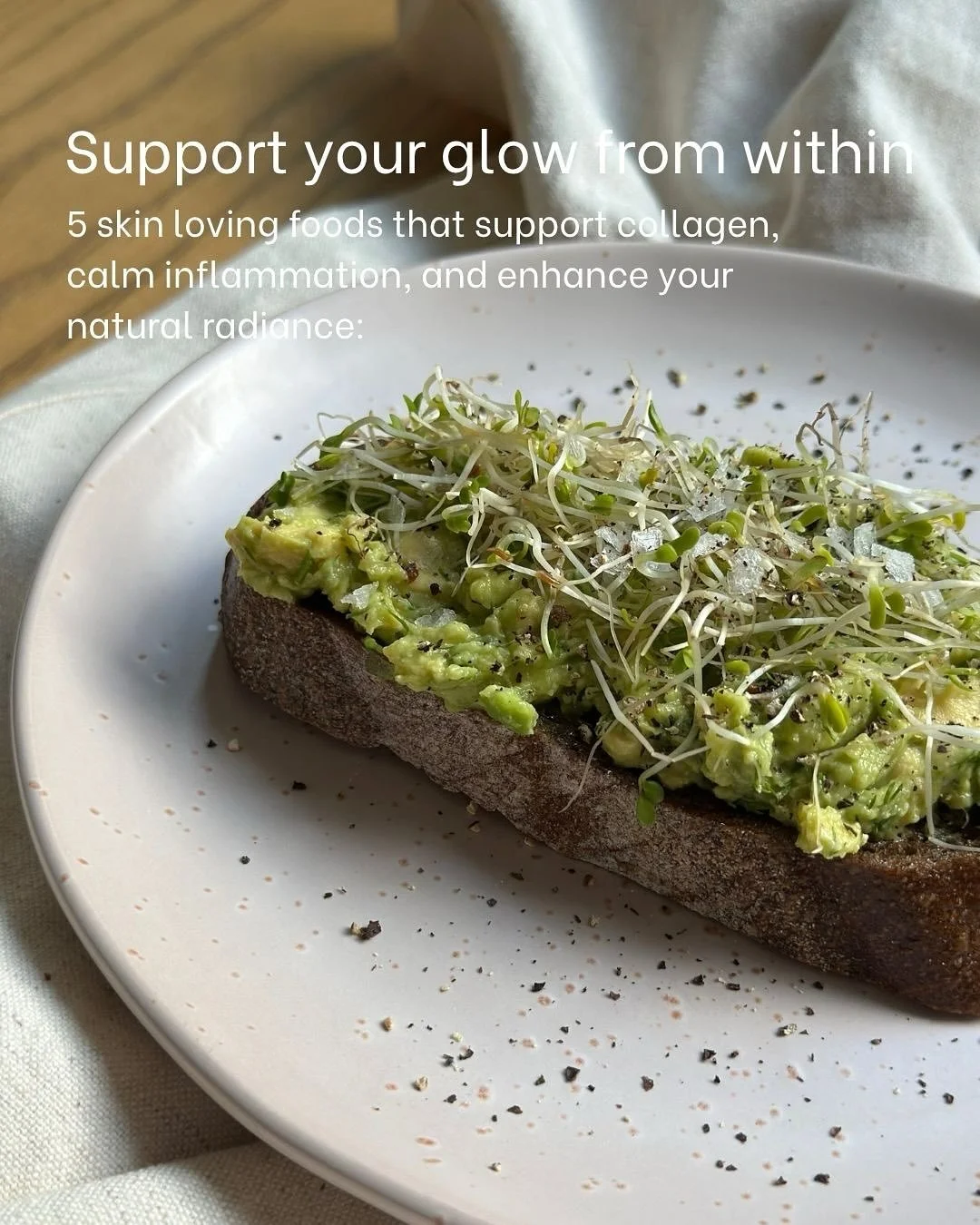 Support your glow from within!

Your Red Light session is only half the glow equation. What you eat fuels the rest.
Here are five skin loving foods that support collagen, calm inflammation, and enhance your natural radiance:

- Blueberries &mdash; ri