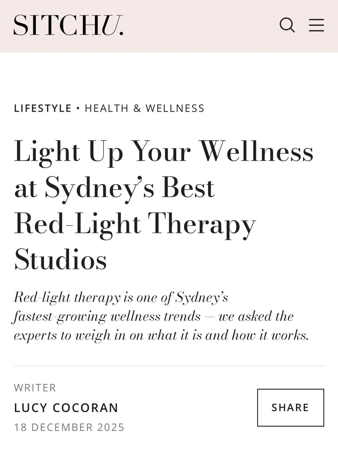 We&rsquo;re honoured to be featured in Sitchu Sydney as one of Sydney&rsquo;s leading red-light therapy studios.

Thank you to Lucy Cocoran and the Sitchu team for highlighting red-light therapy as one of Sydney&rsquo;s fastest-growing wellness modal